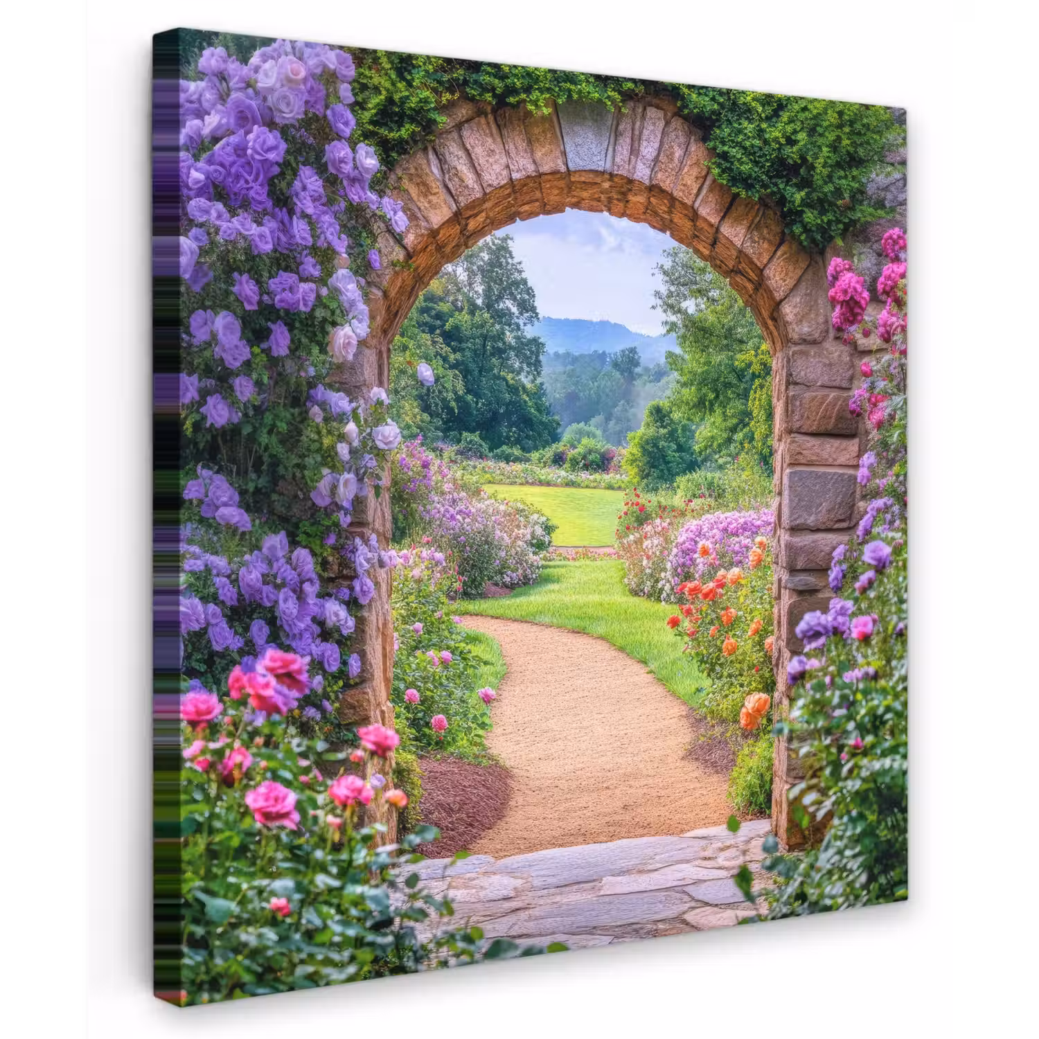 Doorkijk - Poort - Bloemen - Tuin Tuinposter op houten frame 2 cm dik middel -3d