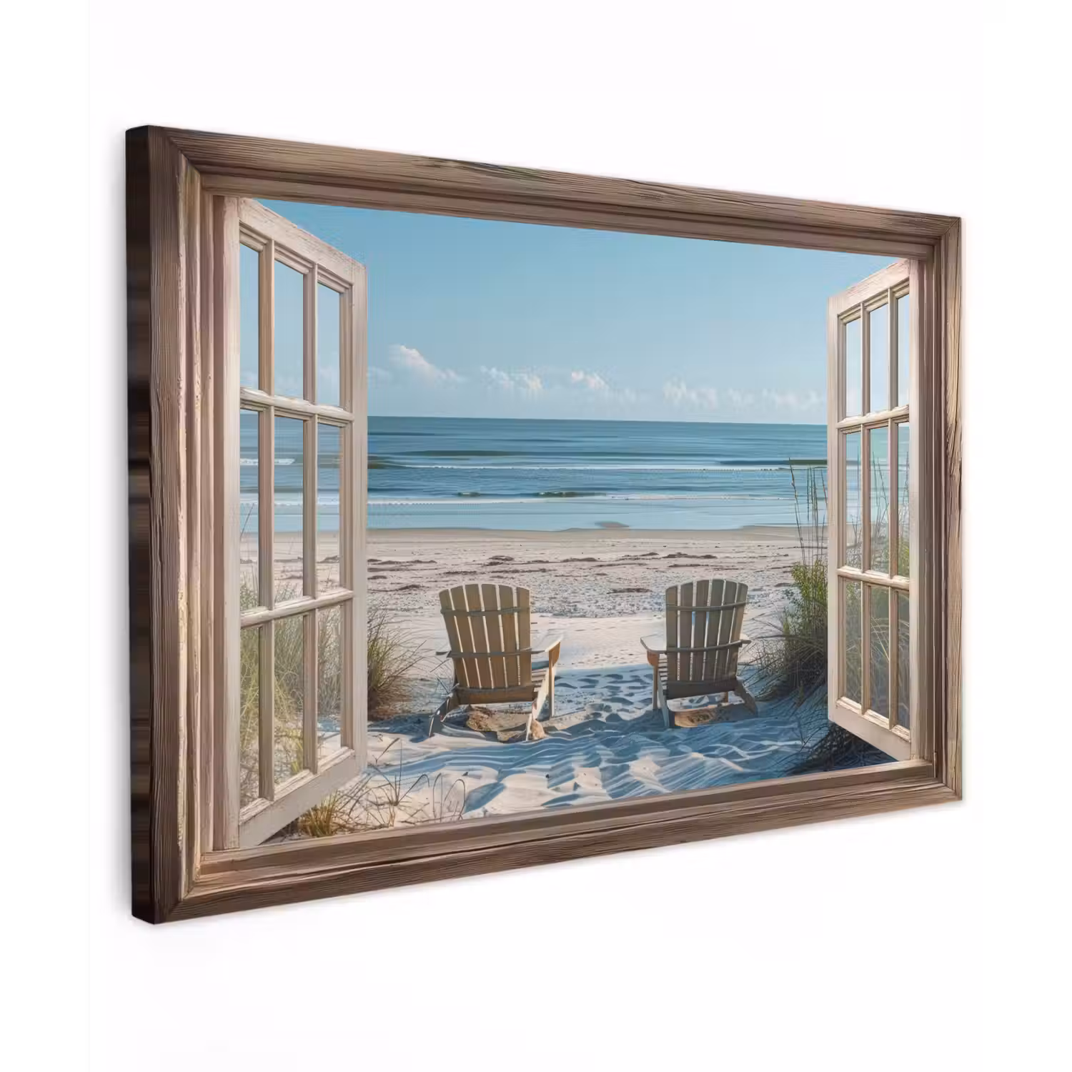 Doorkijk - Strandstoelen - Duinen - Zee - Natuur Tuinposter op houten frame 2 cm dik klein -3d