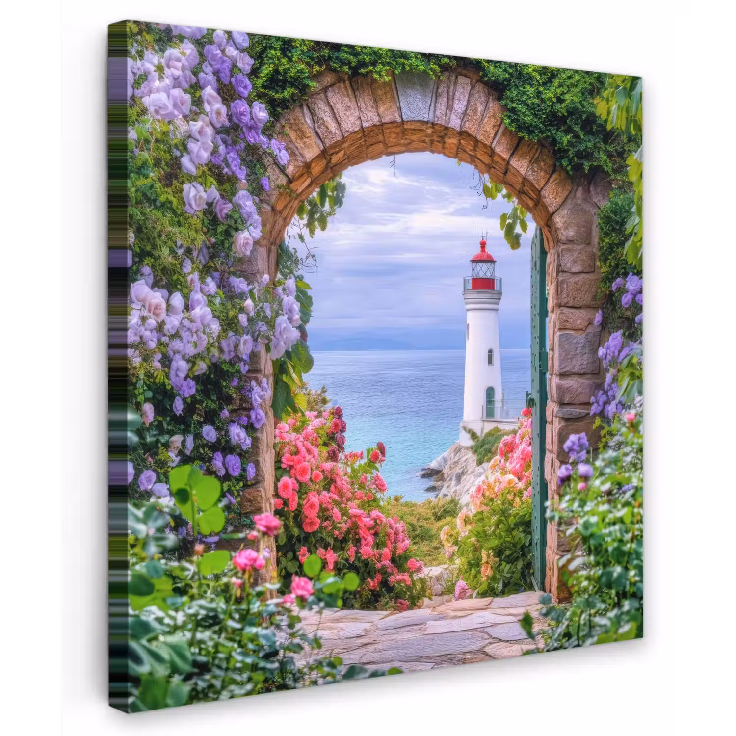 Doorkijk - Vuurtoren - Bloemen - Uitzicht Tuinposter op houten frame 2 cm dik middel -3d
