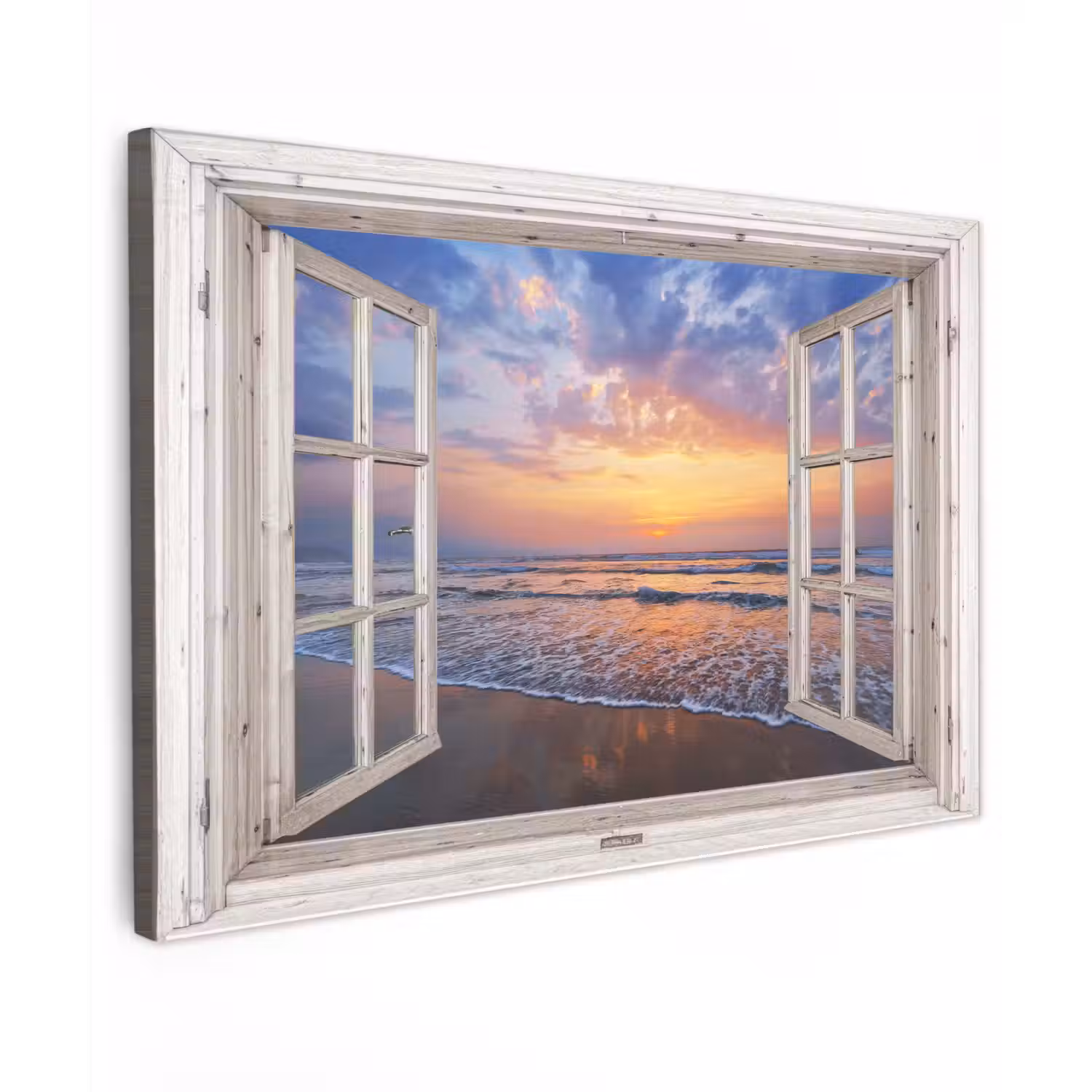 Doorkijk - Zee - Strand - Zonsondergang - Blauw Tuinposter op houten frame 2 cm dik klein -3d