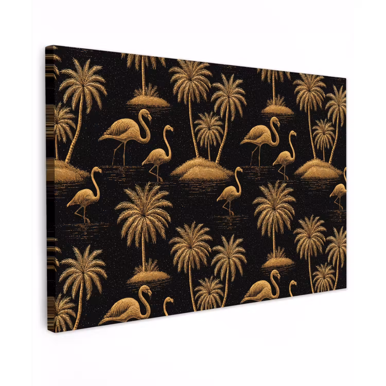 Flamingo - Palmbomen - Tropisch - Goud - Zwart Tuinposter op houten frame 2 cm dik klein 845 -3d
