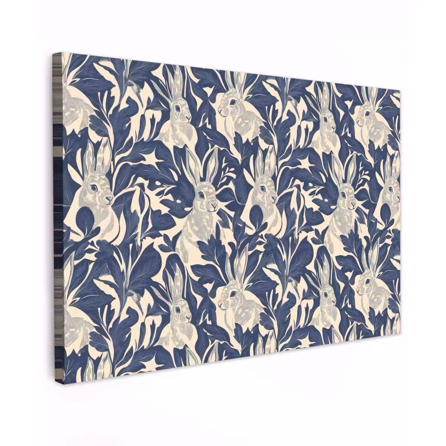 Hazen - Bladeren - Patroon - Blauw - Beige Tuinposter op houten frame 2 cm dik klein 845 -3d