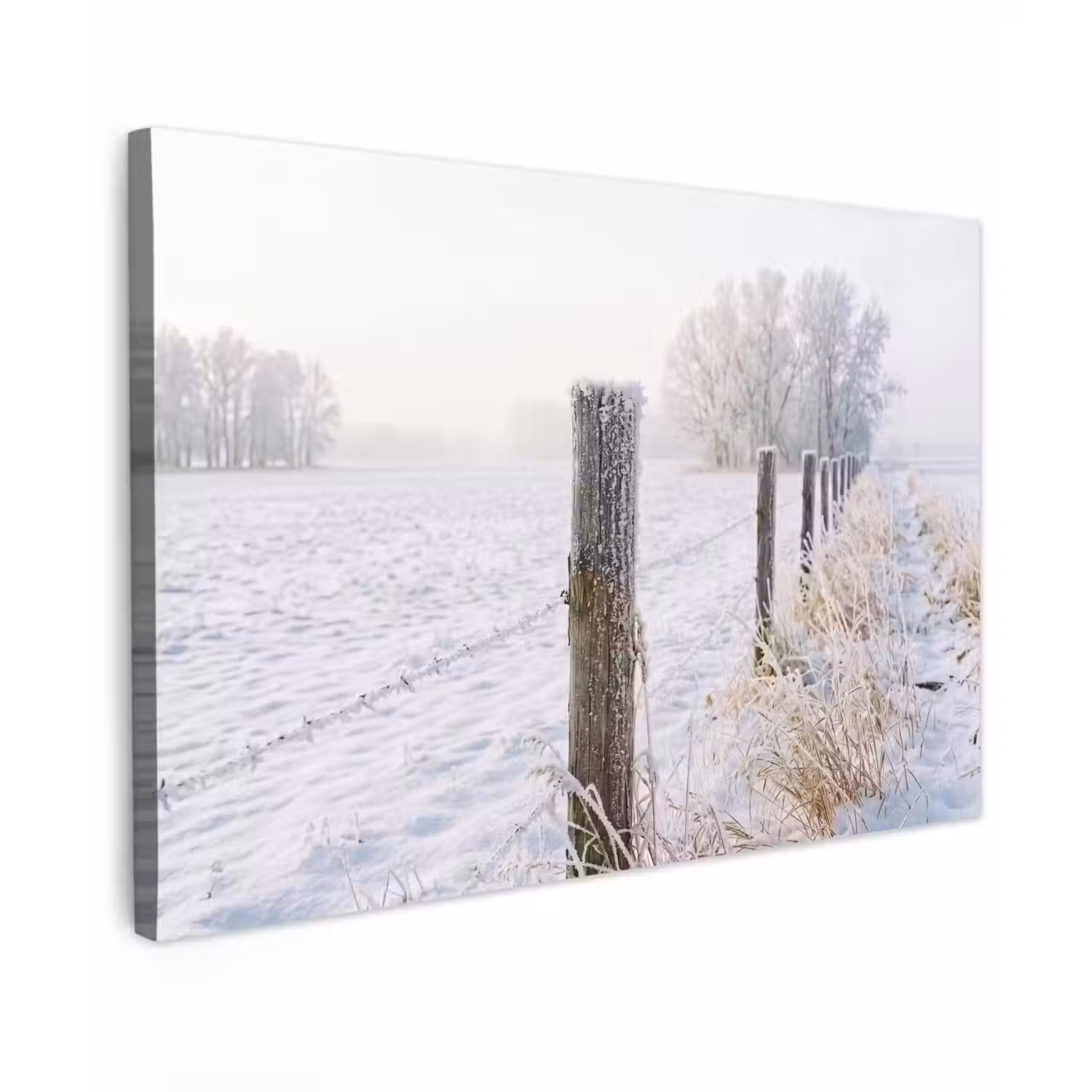 Hek - Sneeuw - Mist - Platteland - Nostalgisch Tuinposter op houten frame 2 cm dik klein -3d