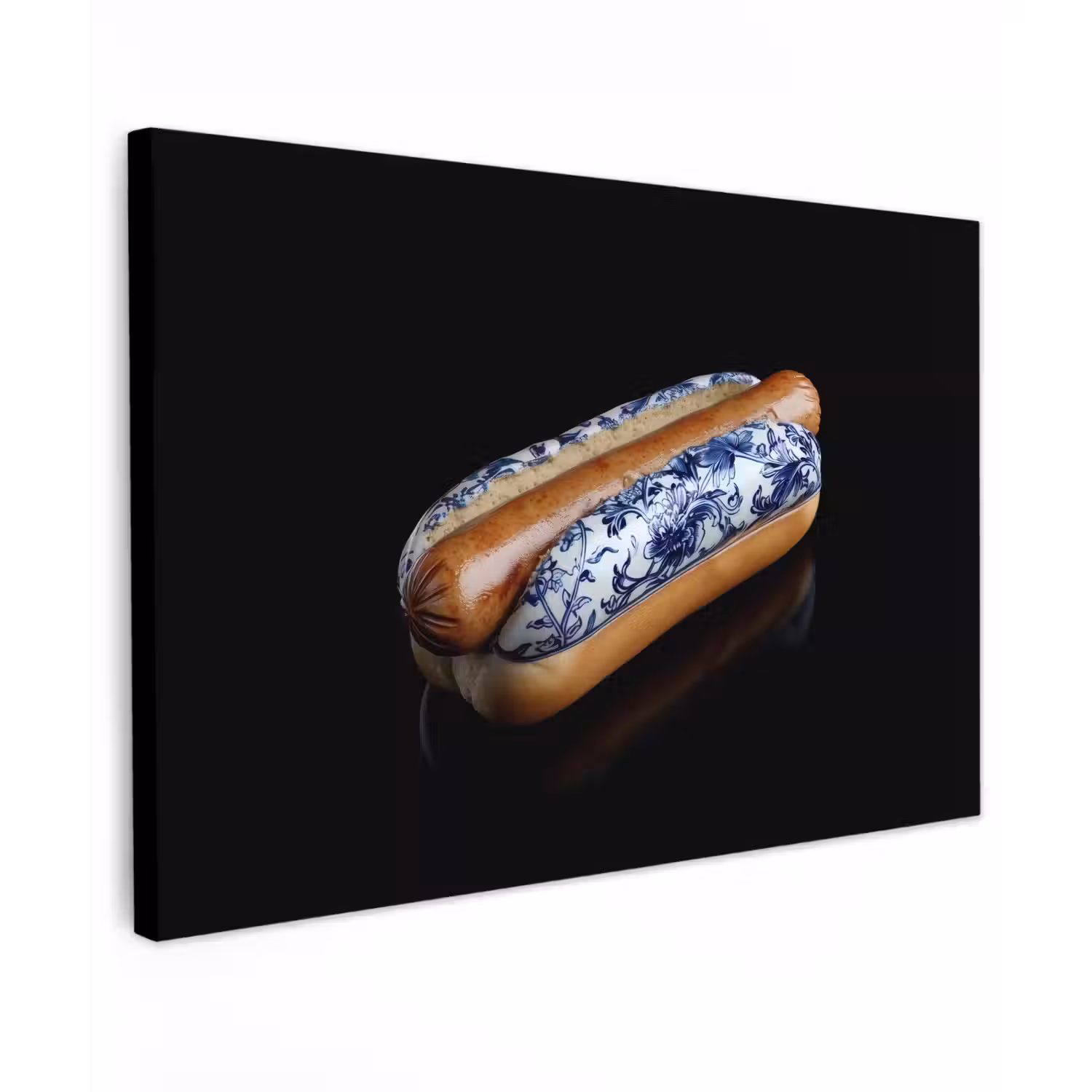 Hotdog - Porselein - Delfts blauw - Eten Tuinposter op houten frame 2 cm dik klein -3d