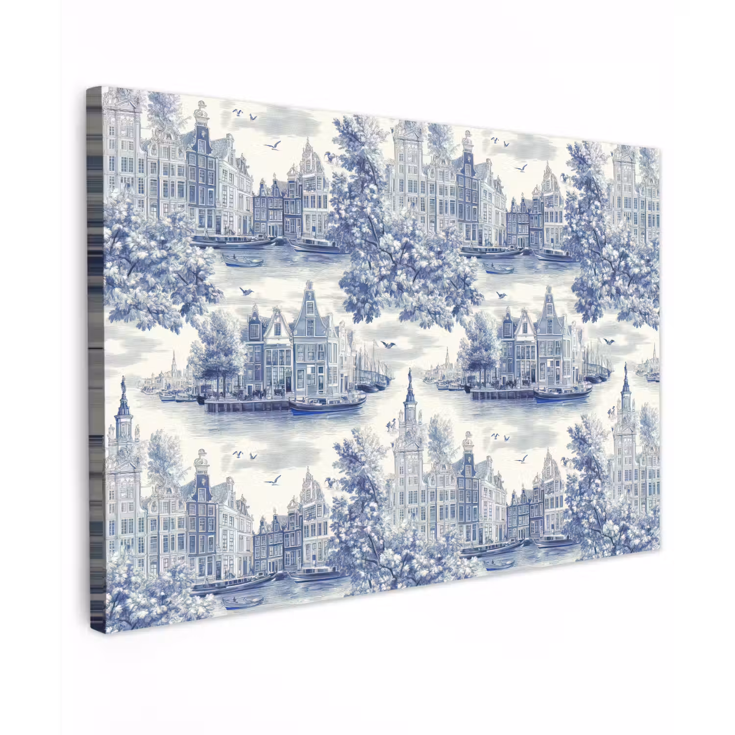 Huizen - Bomen - Water - Vogels - Blauw Tuinposter op houten frame 2 cm dik klein 845 -3d