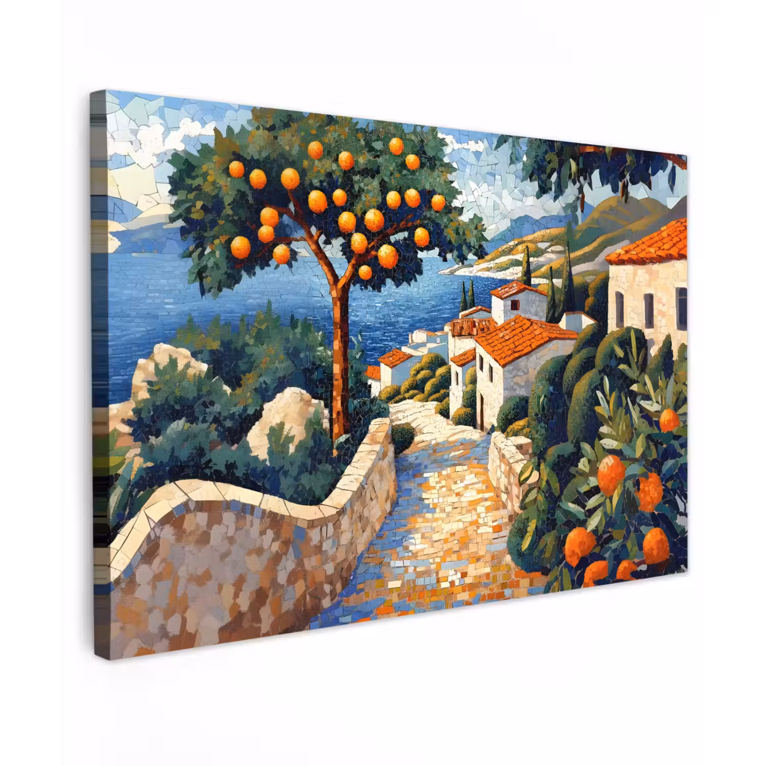 Huizen - Mozaïek - Sinaasappelbomen - Zee Tuinposter op houten frame 2 cm dik klein -3d