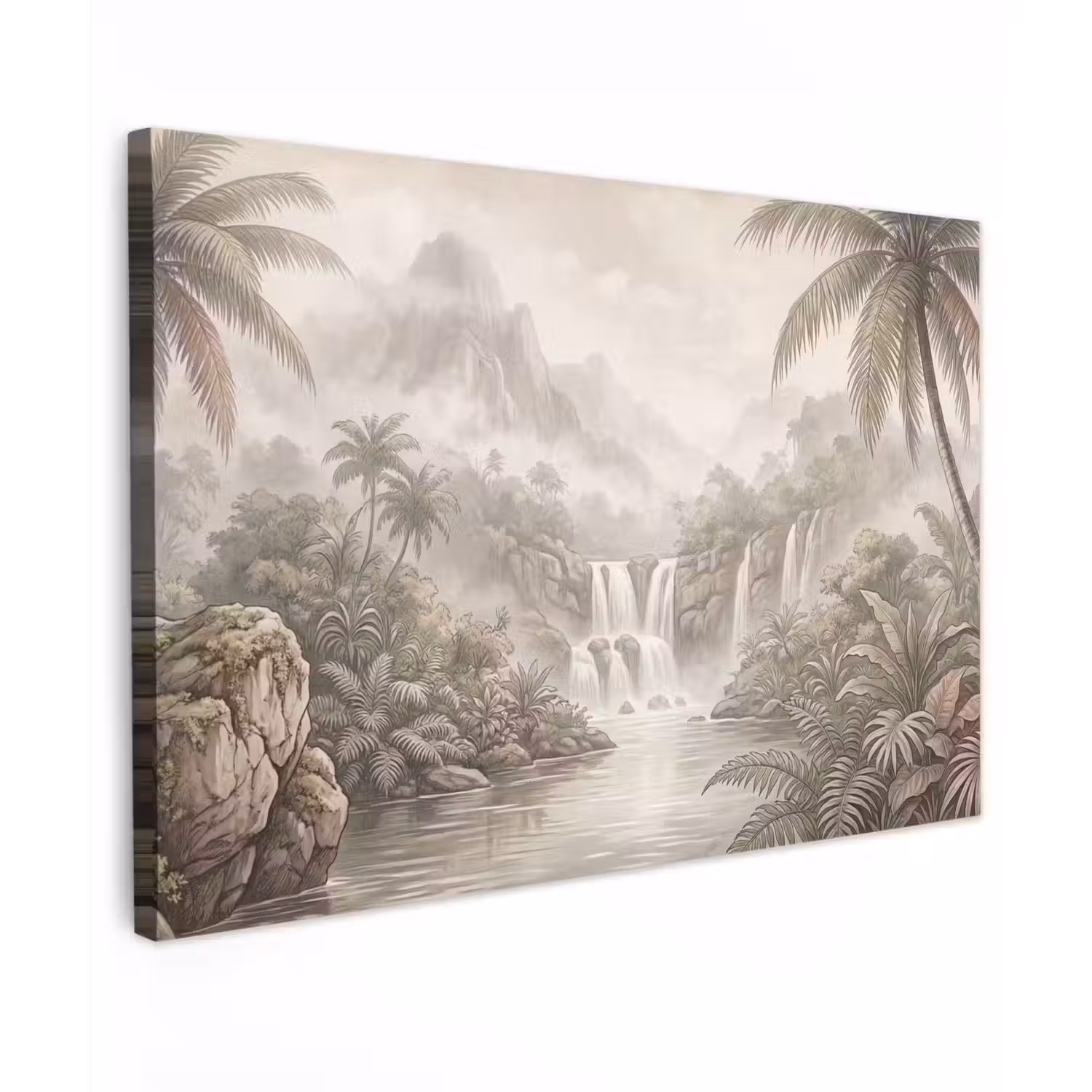 Jungle - Watervallen - Tropisch - Illustratie Tuinposter op houten frame 2 cm dik klein -3d