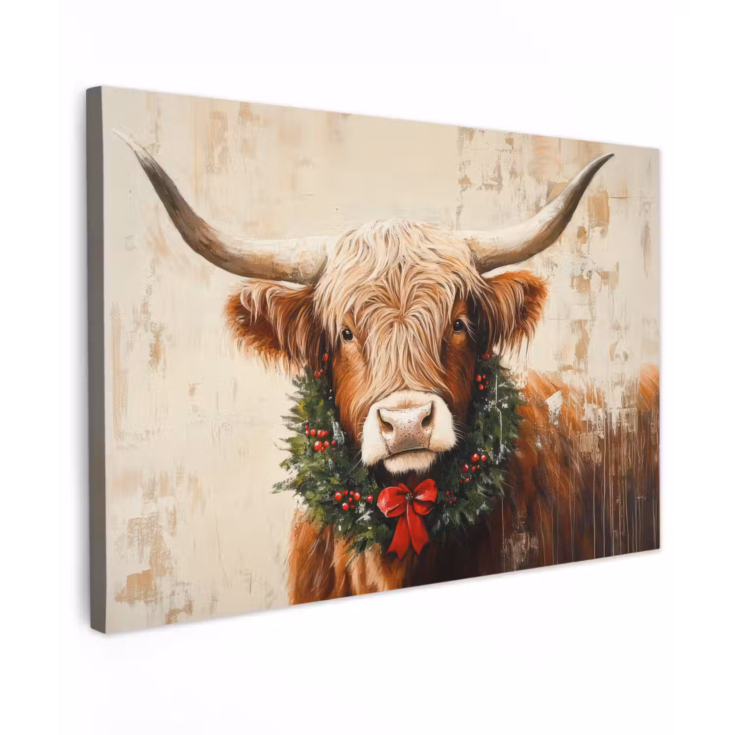 Kerst - Schotse Hooglander - Bruin - Krans Tuinposter op houten frame 2 cm dik klein -3d