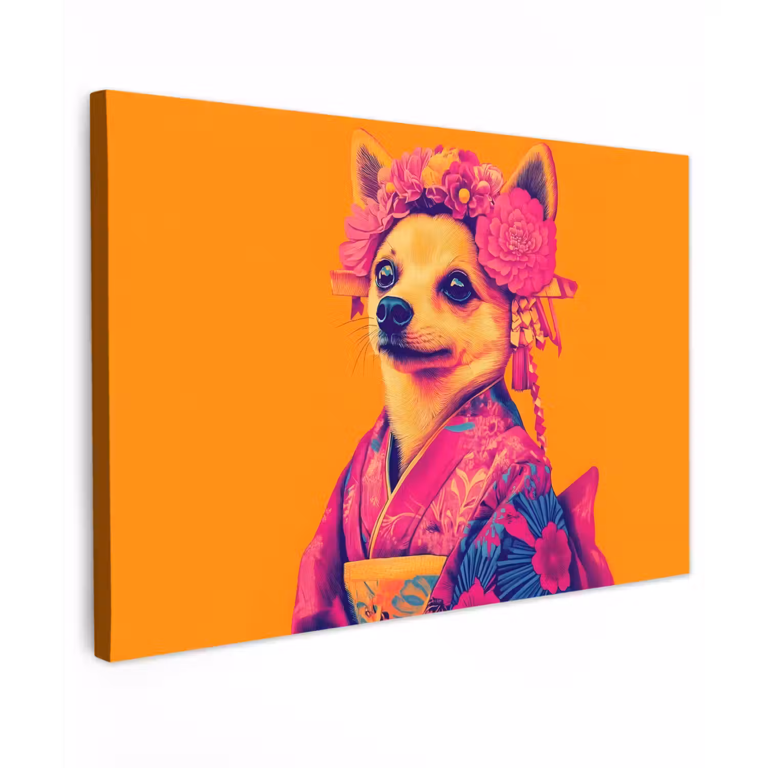 Kimono - Hondje - Bloemenkroon - Oranje Tuinposter op houten frame 2 cm dik klein -3d