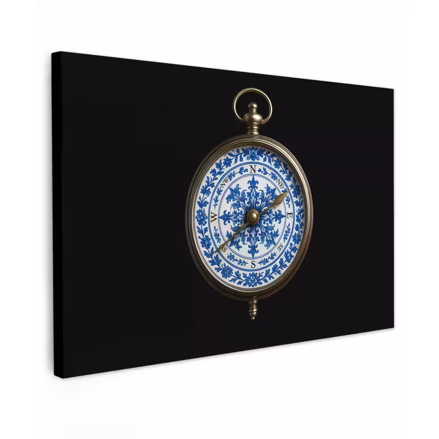 Kompas - Delfts blauw - Zwart Tuinposter op houten frame 2 cm dik klein -3d