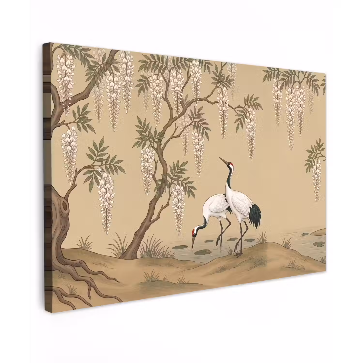 Kraanvogels - Water - Beige Tuinposter op houten frame 2 cm dik klein -3d