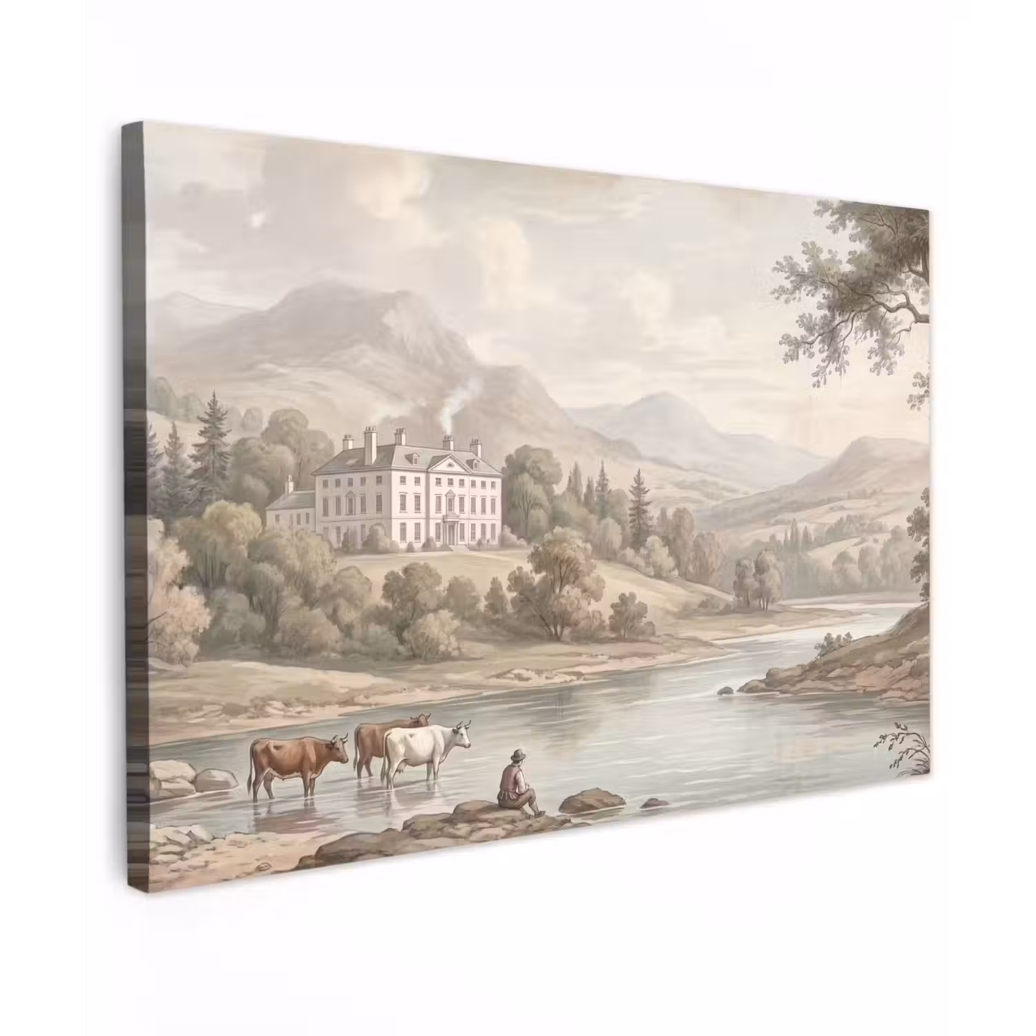 Landhuis - Rivier - Vee Tuinposter op houten frame 2 cm dik klein -3d