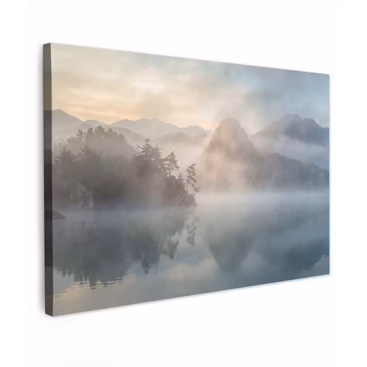 Landschap - Bergen - Mist - Water - Natuur Tuinposter op houten frame 2 cm dik klein -3d