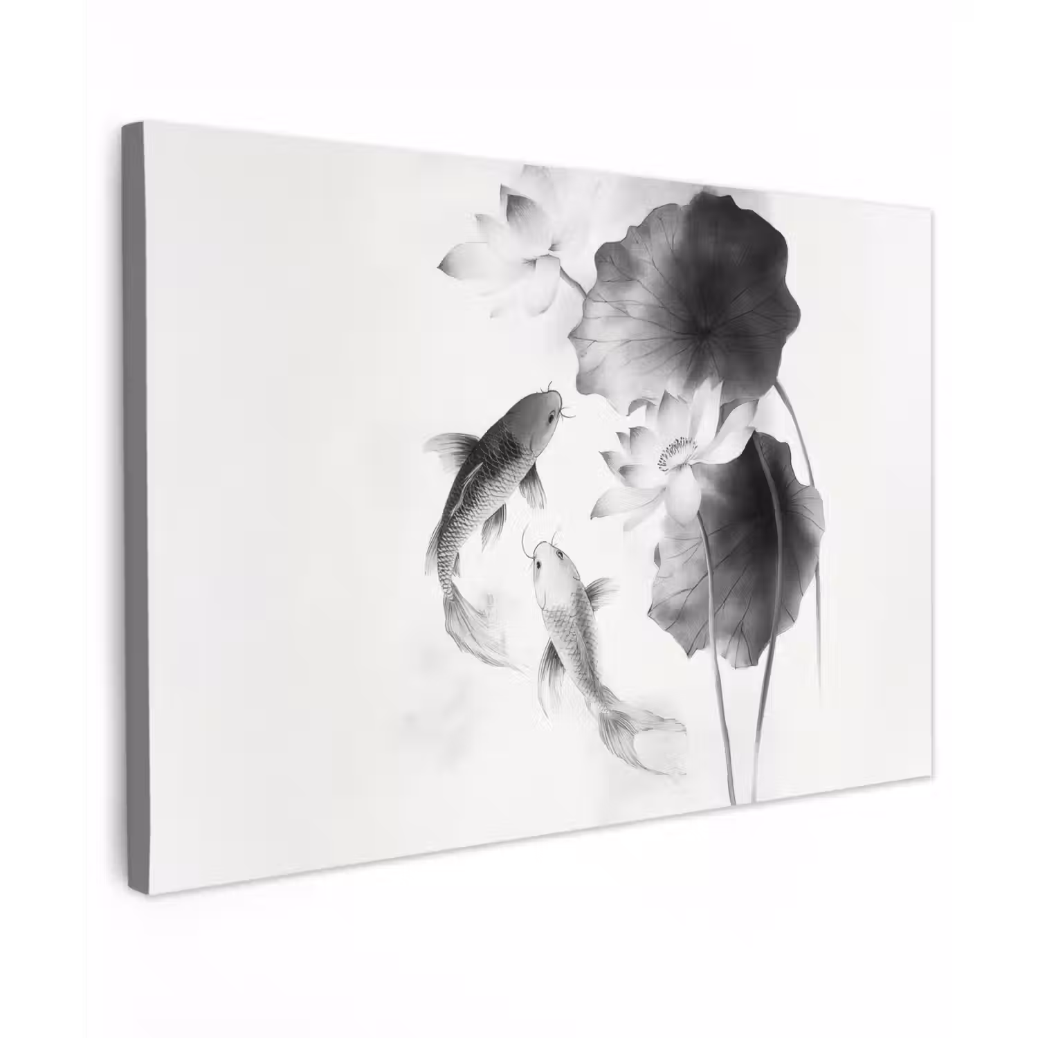 Lotusbloemen - Vissen - Bladeren - Zwart Tuinposter op houten frame 2 cm dik klein -3d