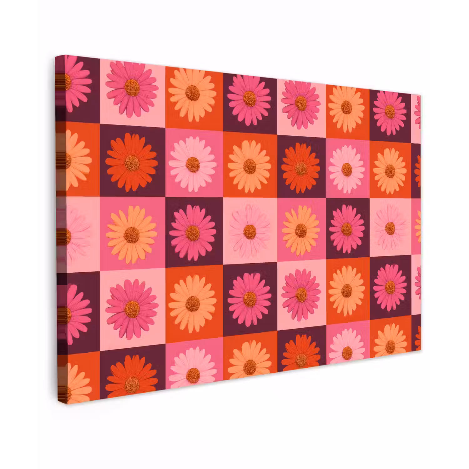 Madeliefjes - Dambord - Retro - Roze - Oranje Tuinposter op houten frame 2 cm dik klein 845 -3d