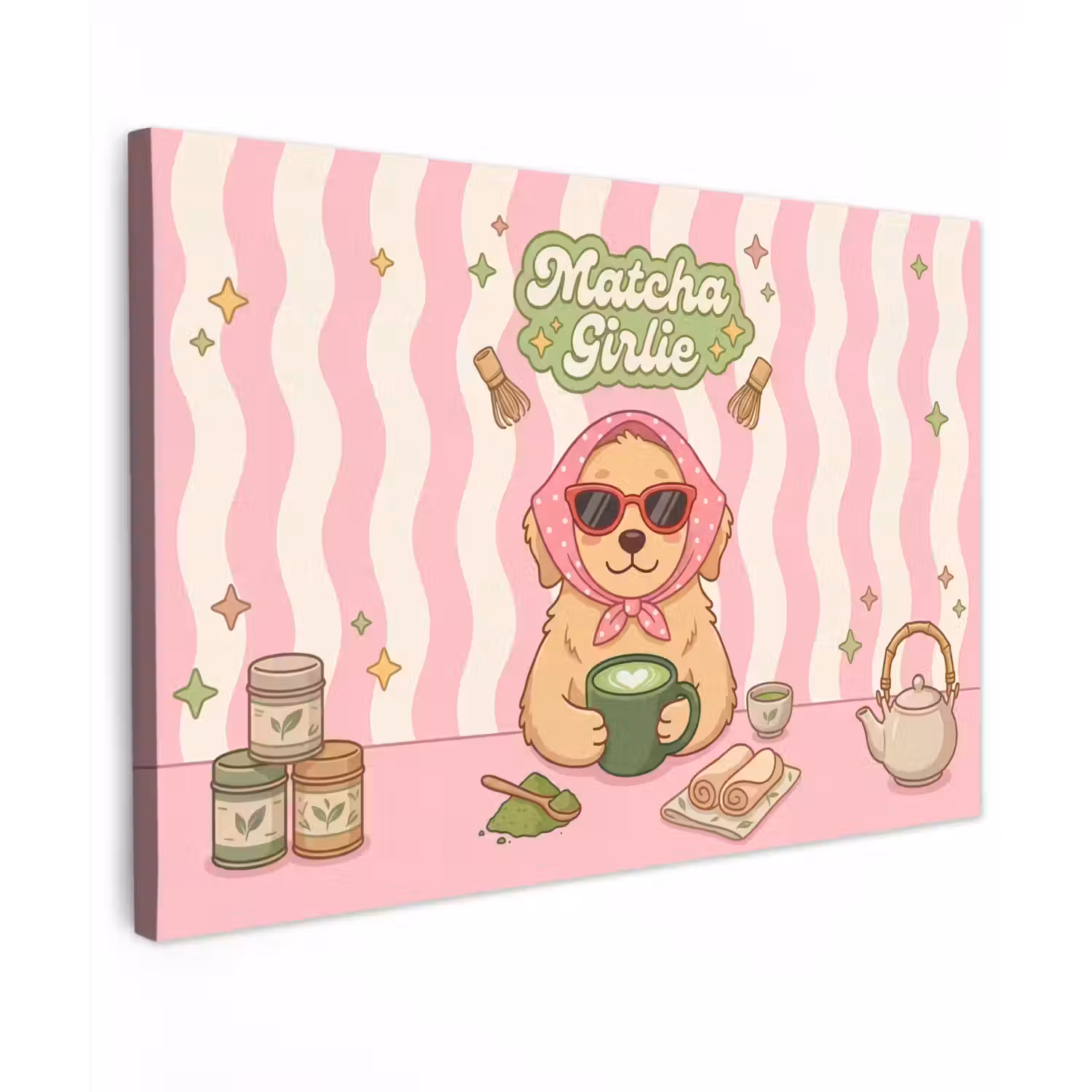 Matcha - Hond - Roze - Groen Tuinposter op houten frame 2 cm dik klein -3d