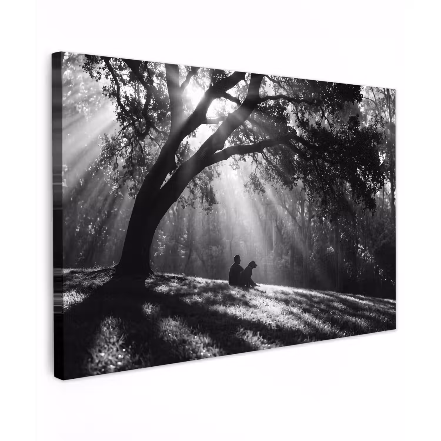 Mens - Hond - Natuur - Zwart-wit - Silhouet Tuinposter op houten frame 2 cm dik klein -3d