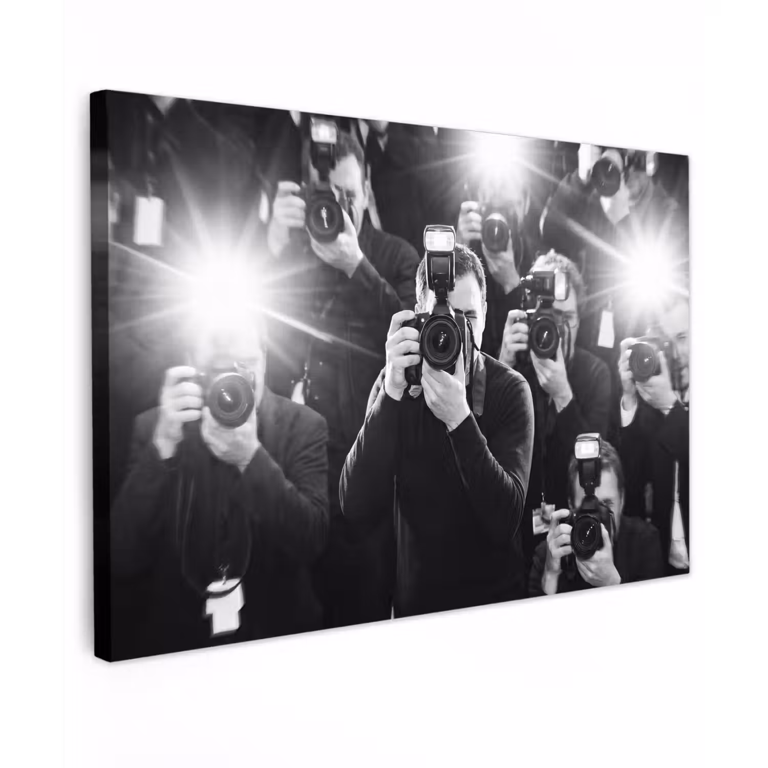 Mensen - Camera - Flitslicht - Zwart-wit - Media Tuinposter op houten frame 2 cm dik klein -3d