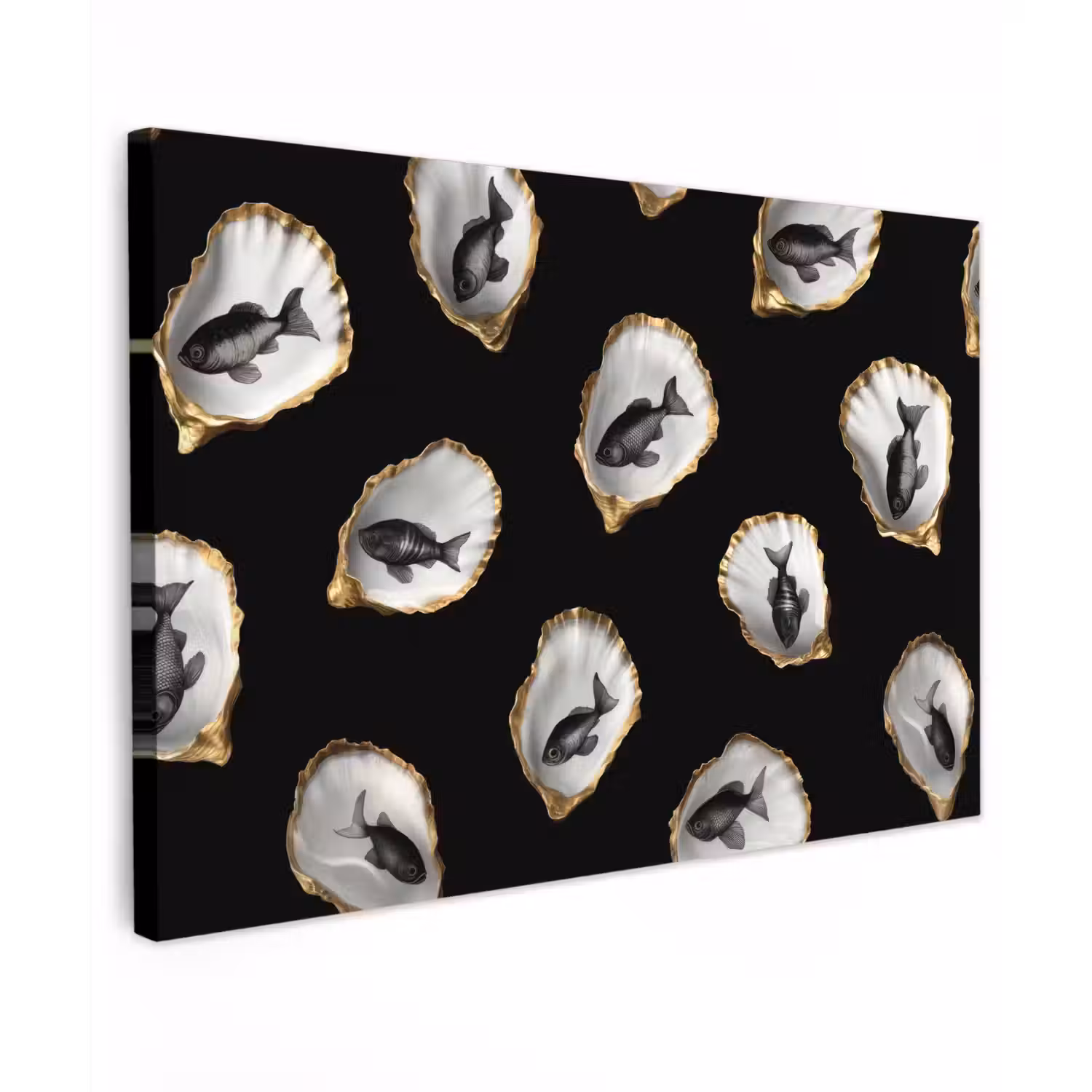 Oesters - Zwart - Vissen - Goud Tuinposter op houten frame 2 cm dik klein -3d