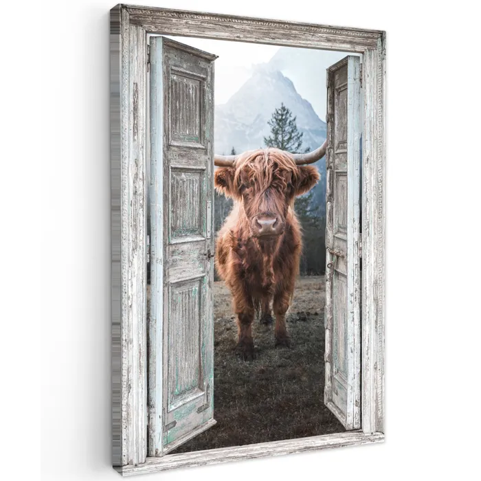 Oude deuren naar Schotse Hooglander Tuinposter op houten frame 2 cm dik klein -3d