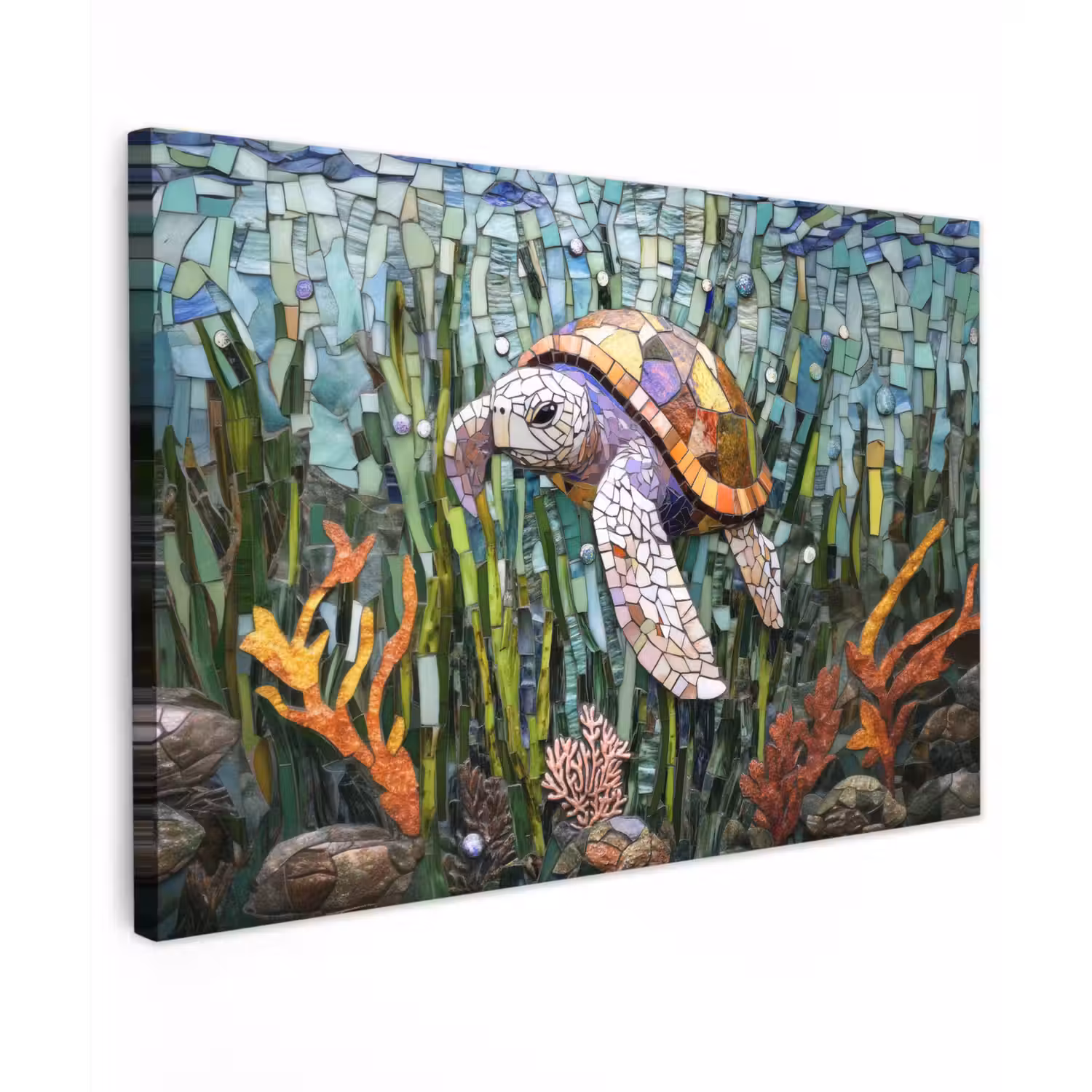 Schildpad - Zeewier - Mozaïek Tuinposter op houten frame 2 cm dik klein -3d