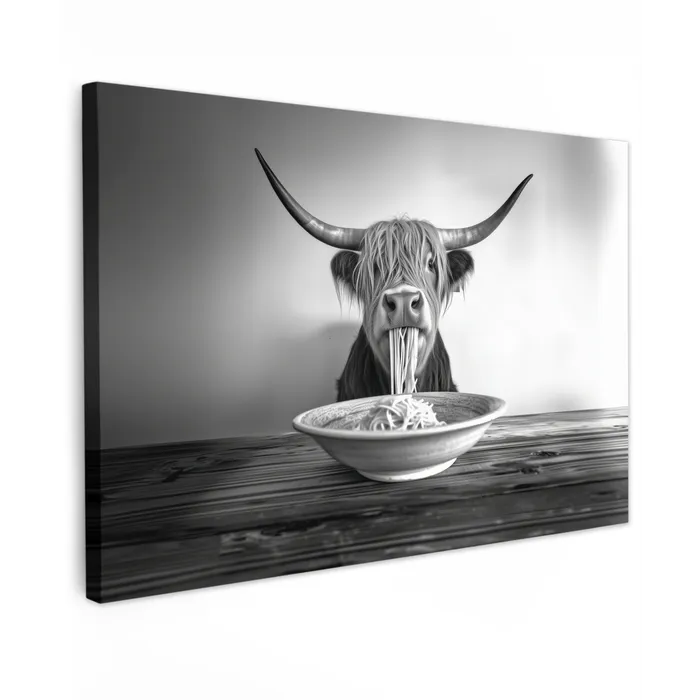 Schotse Hooglander - Spaghetti - Dieren - Zwart wit Tuinposter op houten frame 2 cm dik klein -3d