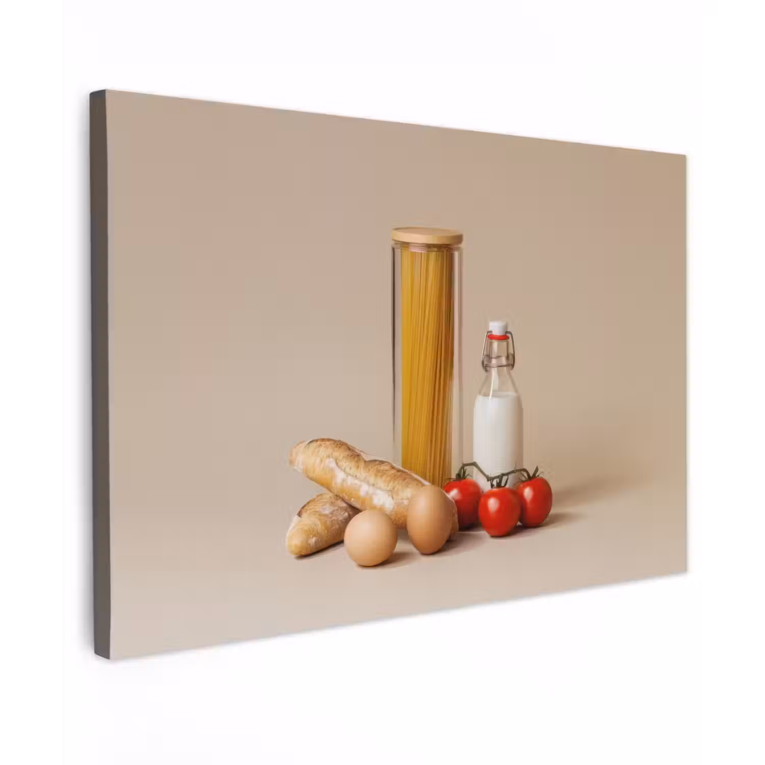 Spaghetti - Melk - Tomaten - Eieren - Brood Tuinposter op houten frame 2 cm dik klein -3d
