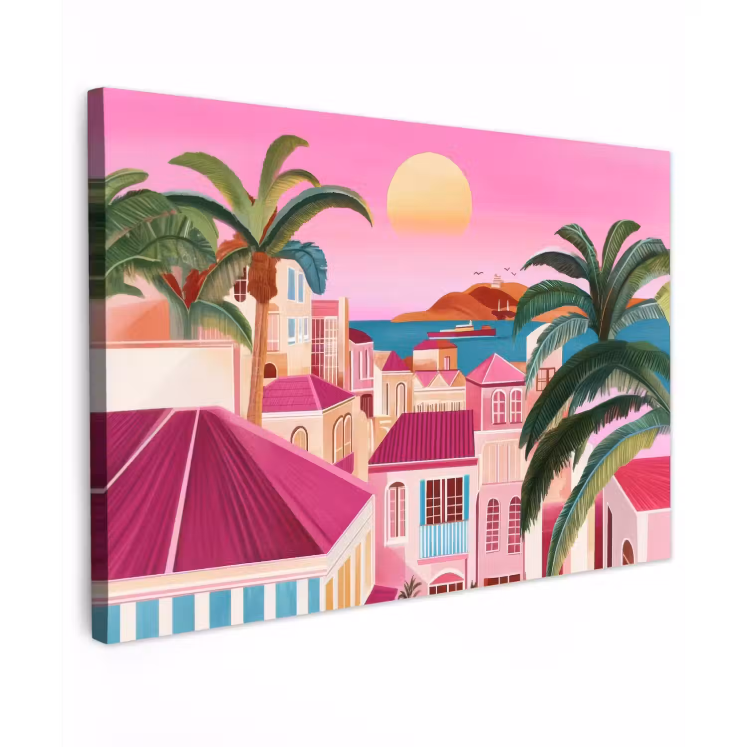 Stad - Roze - Palmbomen Tuinposter op houten frame 2 cm dik klein -3d