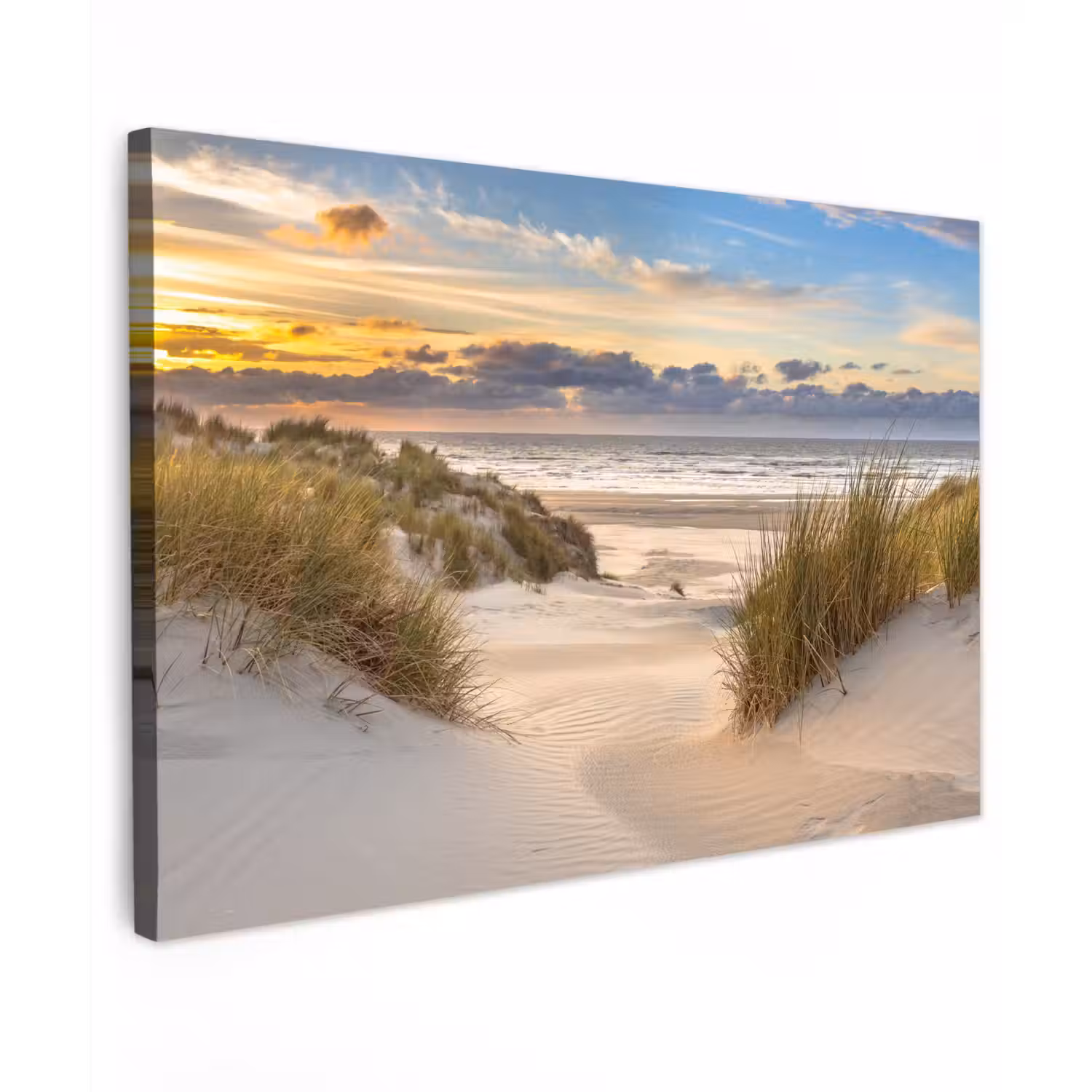 Strand - Duin - Gras - Zonsondergang - Zee Tuinposter op houten frame 2 cm dik klein -3d