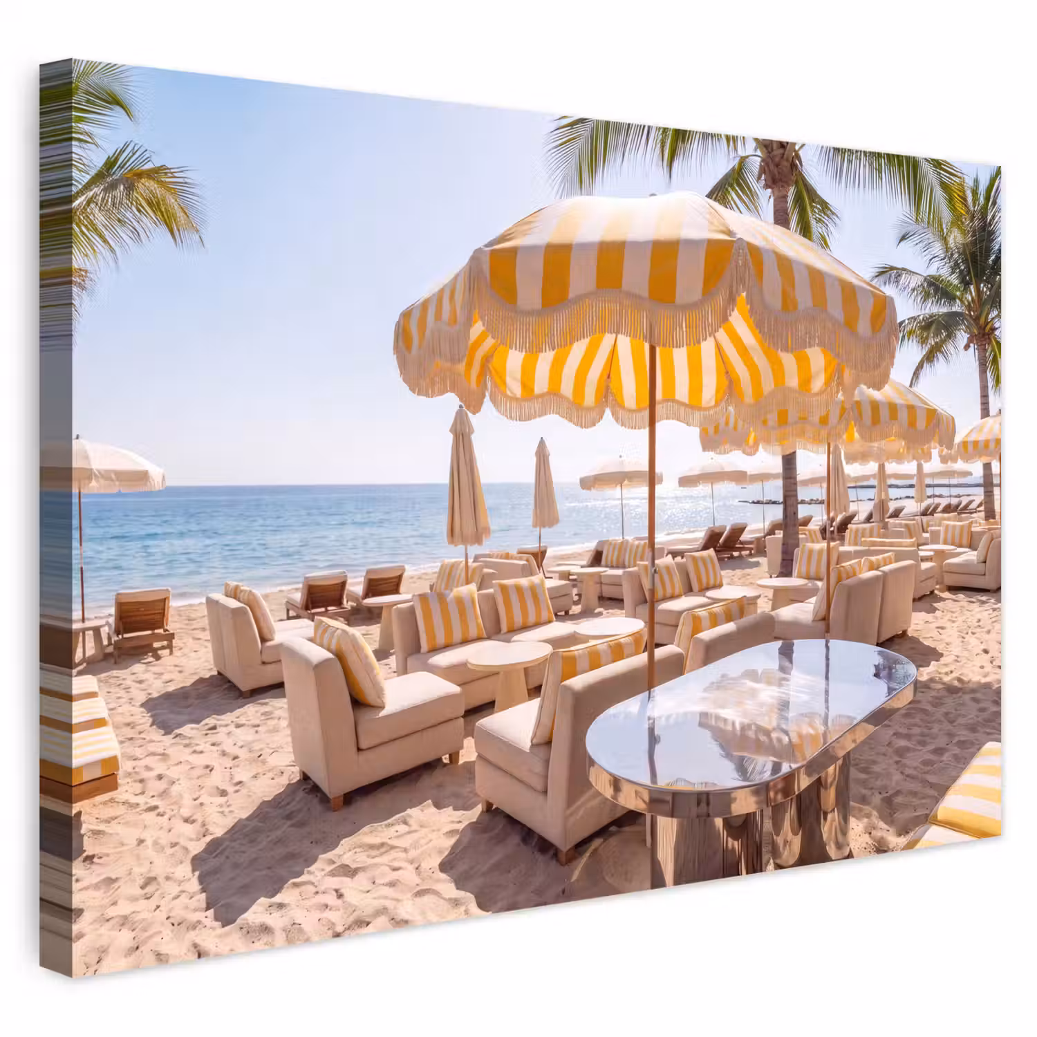 Strand - Ligbedden - Vakantie - Modern - Geel Tuinposter op houten frame 2 cm dik klein -3d