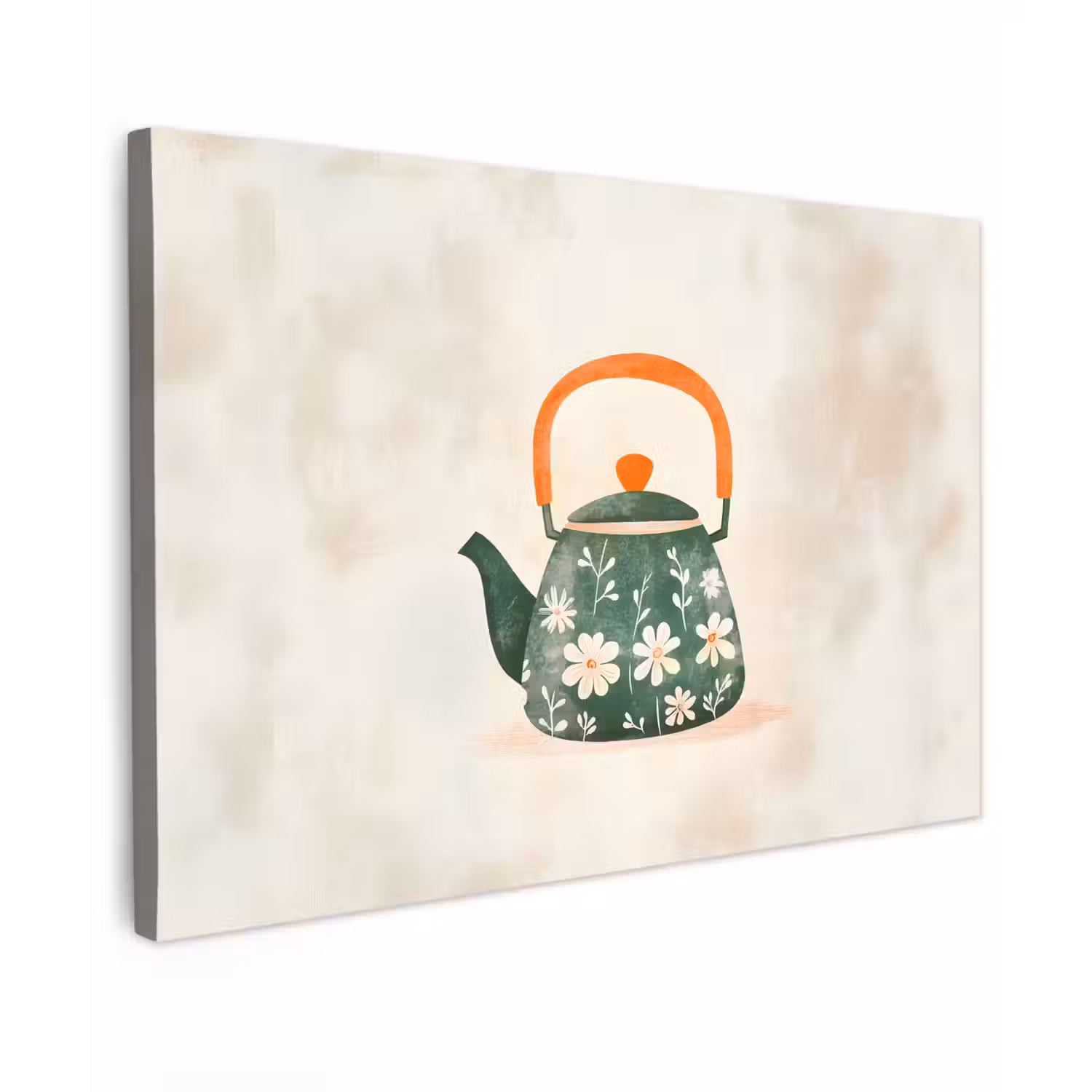Theepot - Groen - Bloemen - Oranje Tuinposter op houten frame 2 cm dik klein -3d
