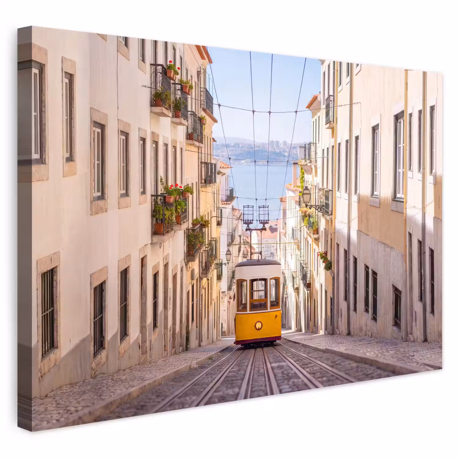 Tram - Straat - Stad - Architectuur - Geel Tuinposter op houten frame 2 cm dik klein -3d