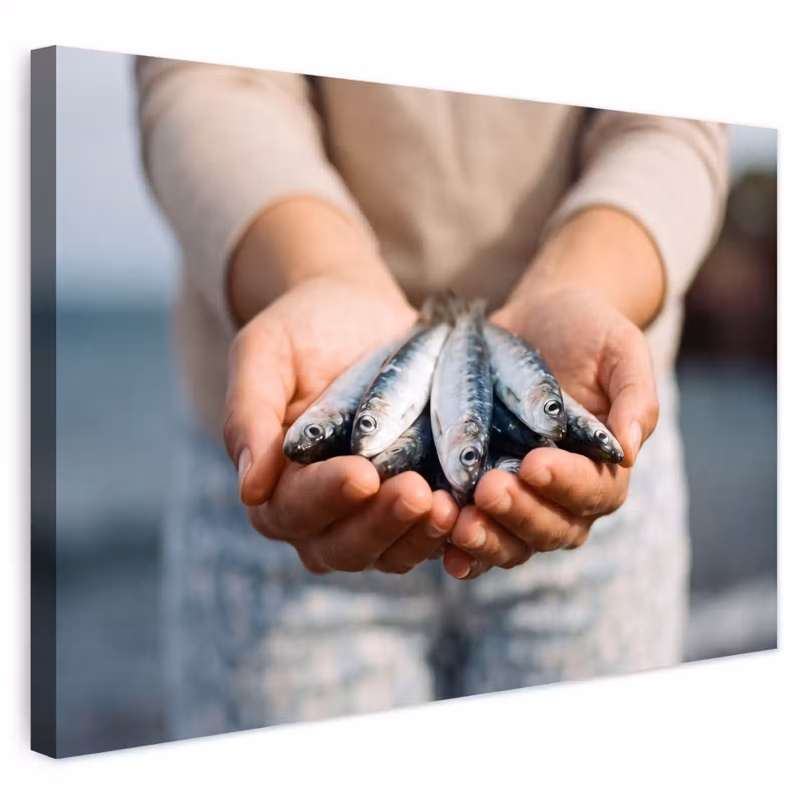 Buiten canvas - Vis - Handen - Natuur - Vis - Handen - Natuur Tuinposter op houten frame 2 cm dik klein