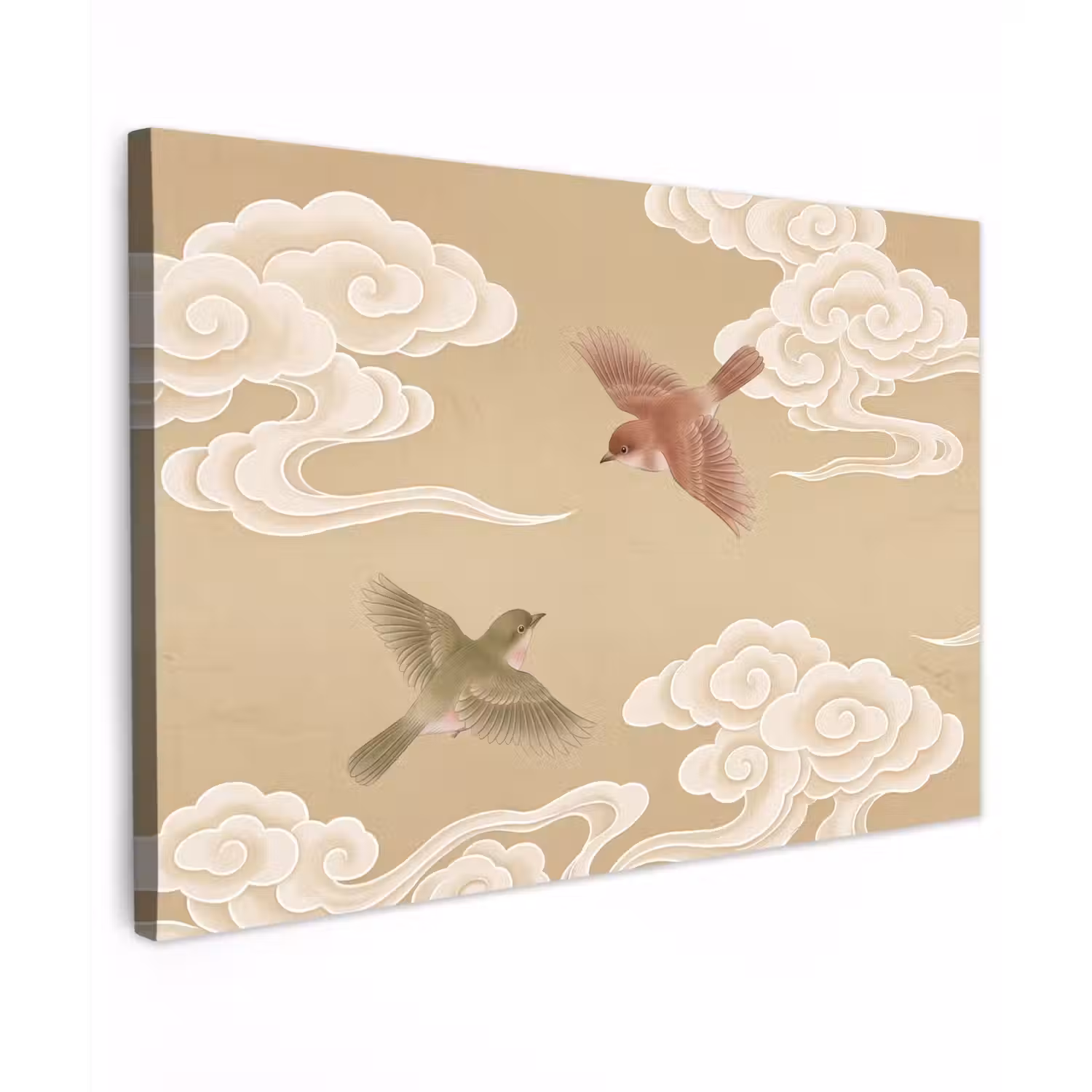 Vogels - Vliegen - Beige Tuinposter op houten frame 2 cm dik klein -3d