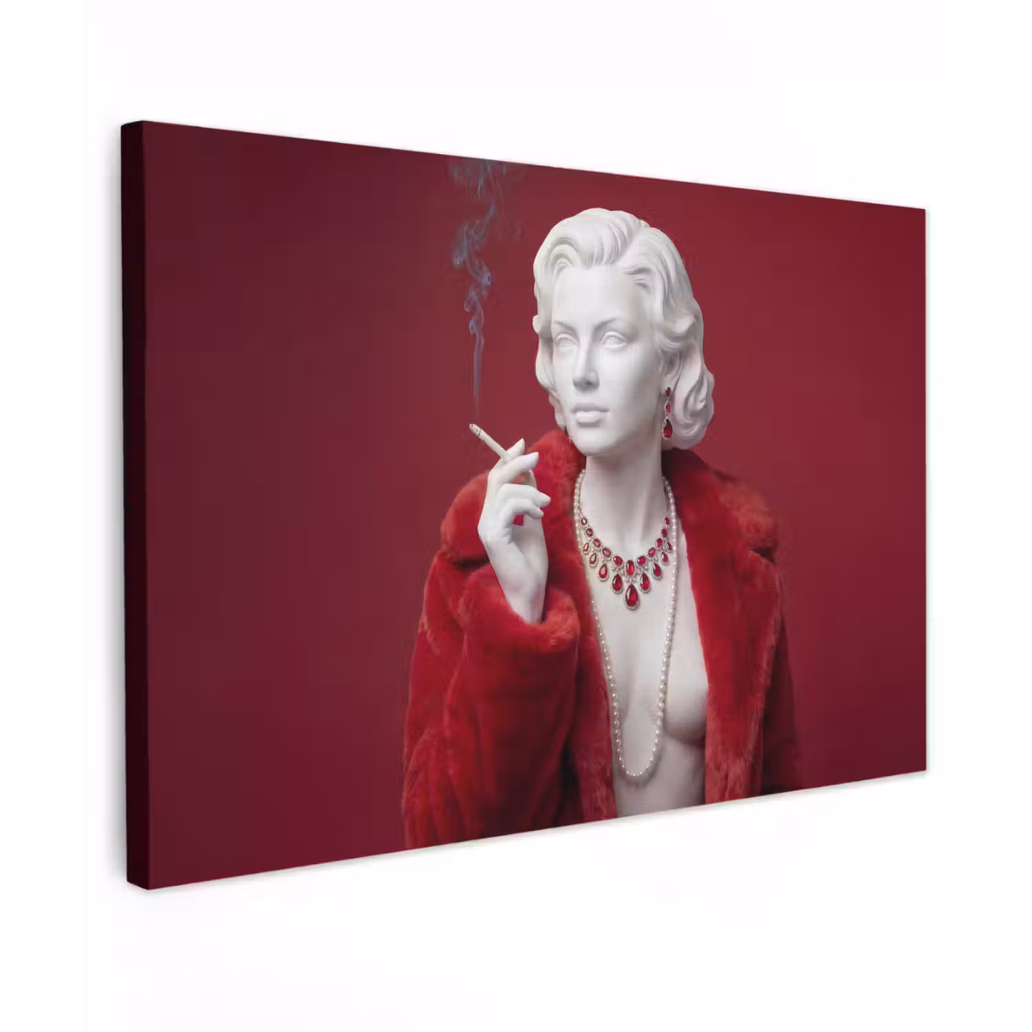 Vrouw - Bontjas - Mode - Klassiek - Rood Tuinposter op houten frame 2 cm dik klein -3d
