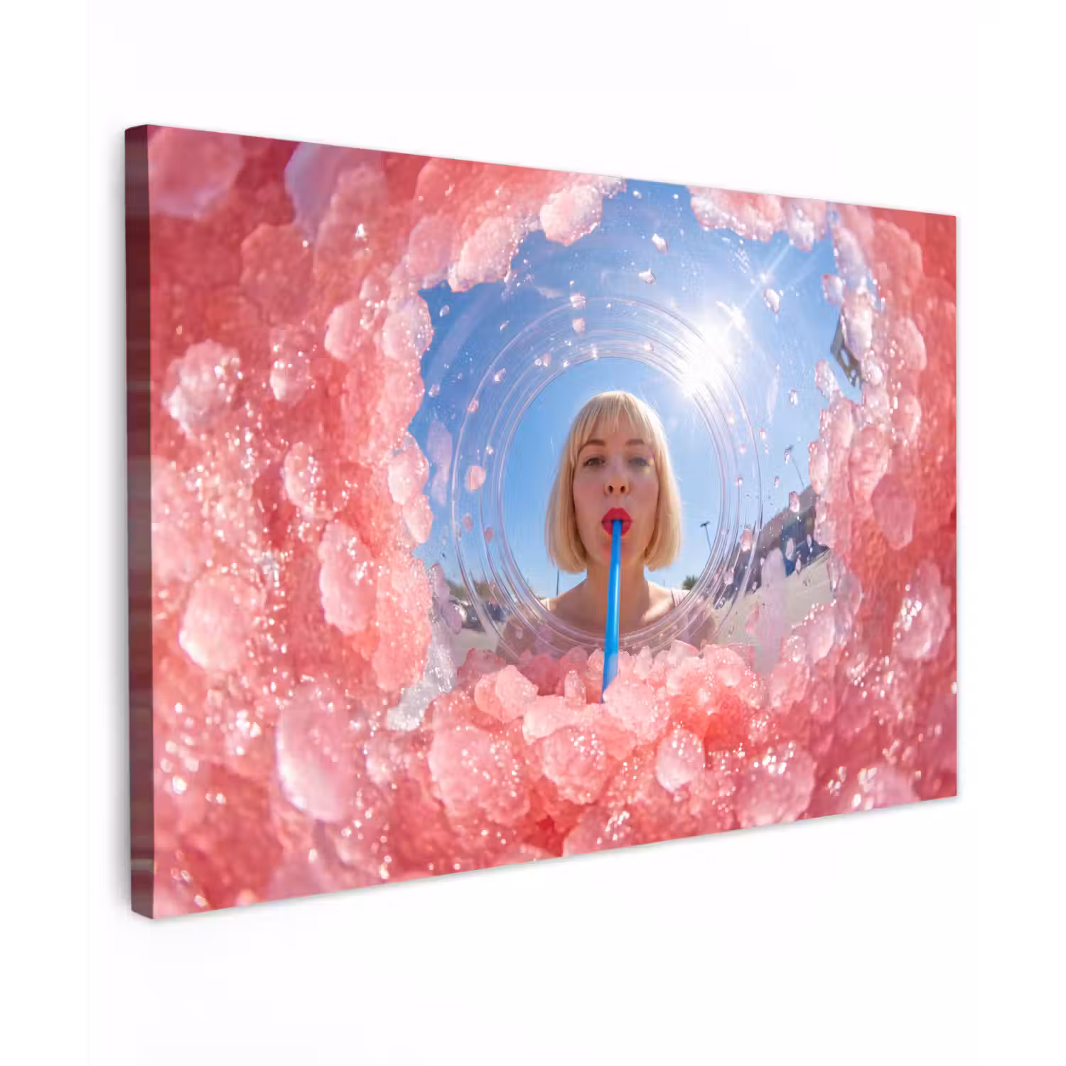 Vrouw - Drank - Zomer - Roze - Blauw Tuinposter op houten frame 2 cm dik klein -3d