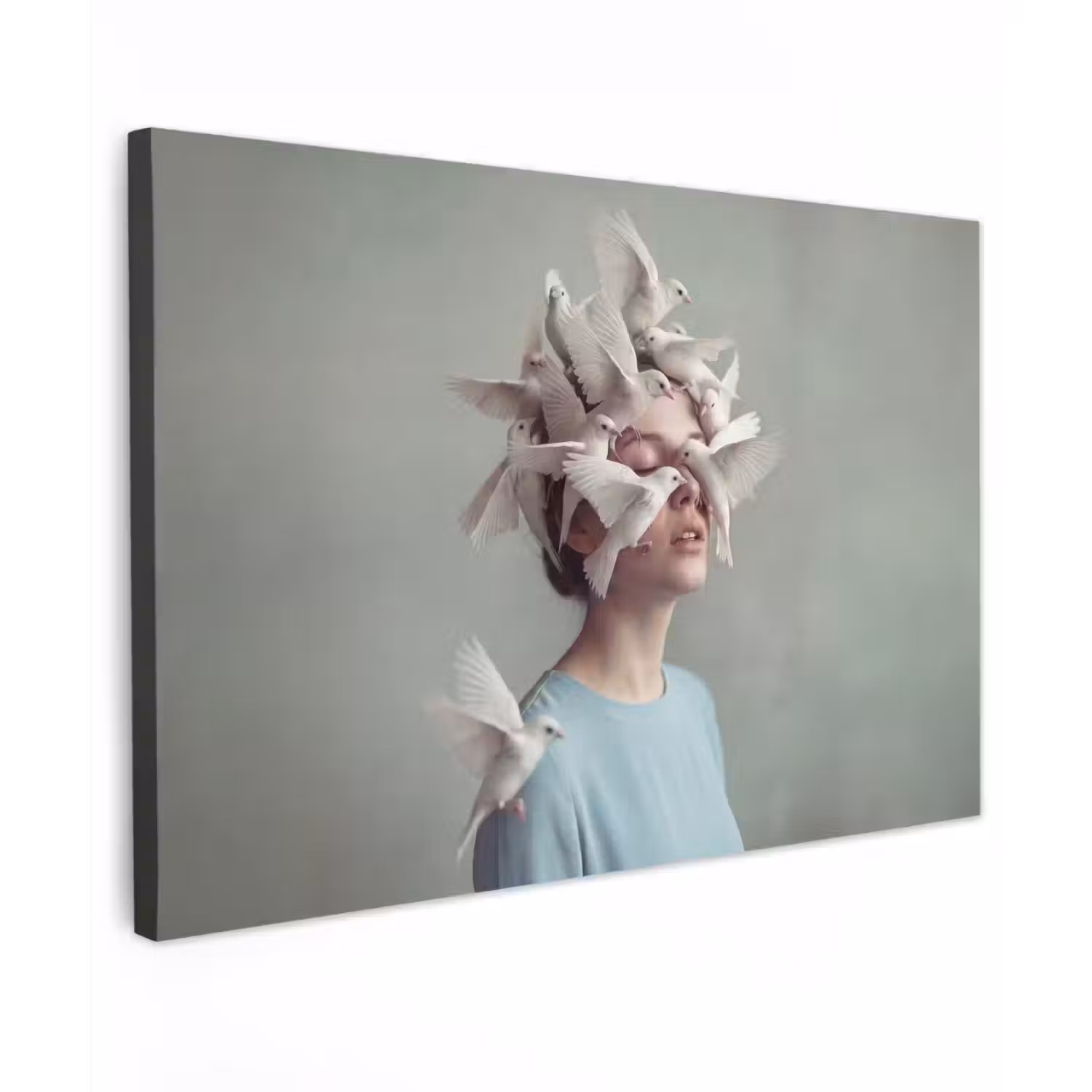 Vrouw - Vogels - Abstract - Modern - Wit Tuinposter op houten frame 2 cm dik klein -3d
