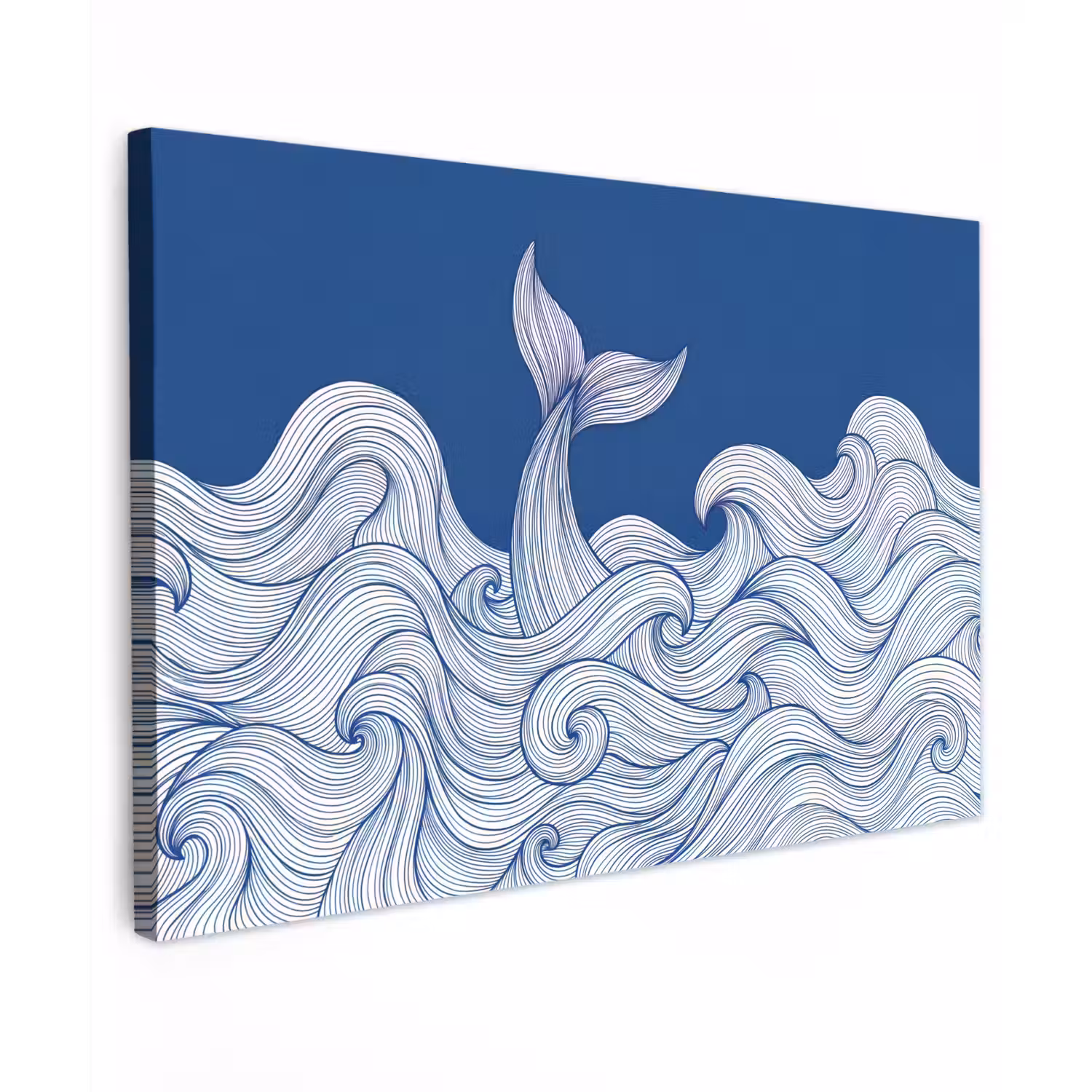 Walvis - Staart - Golven - Lijntekening - Blauw Tuinposter op houten frame 2 cm dik klein -3d