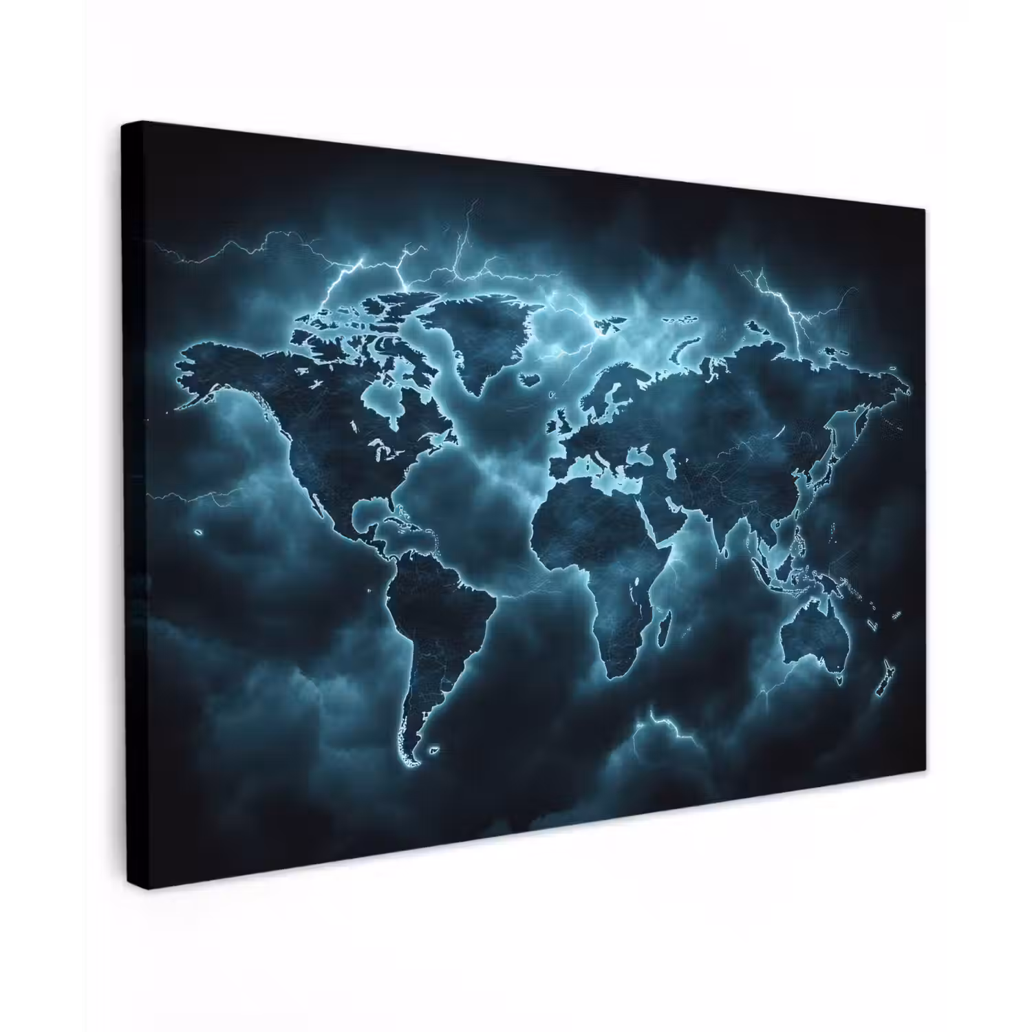Wereldkaart - Bliksem - Blauw Tuinposter op houten frame 2 cm dik klein -3d