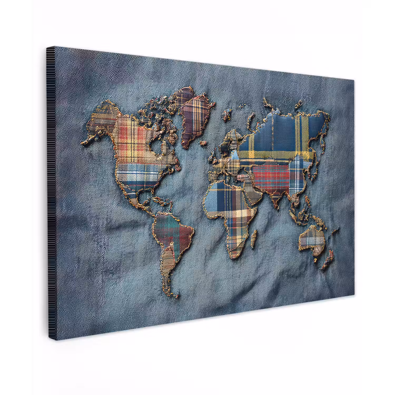 Wereldkaart - Denim - Textiel Tuinposter op houten frame 2 cm dik klein -3d