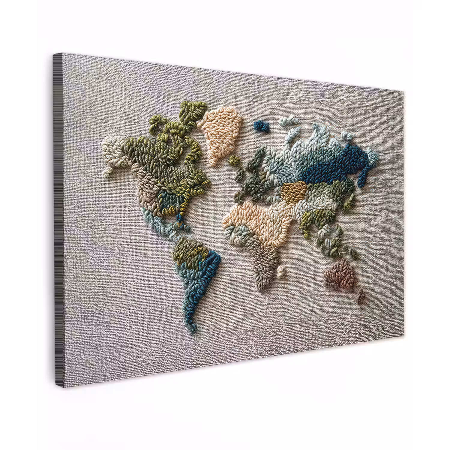 Wereldkaart - Geborduurd - Aardetinten Tuinposter op houten frame 2 cm dik klein -3d
