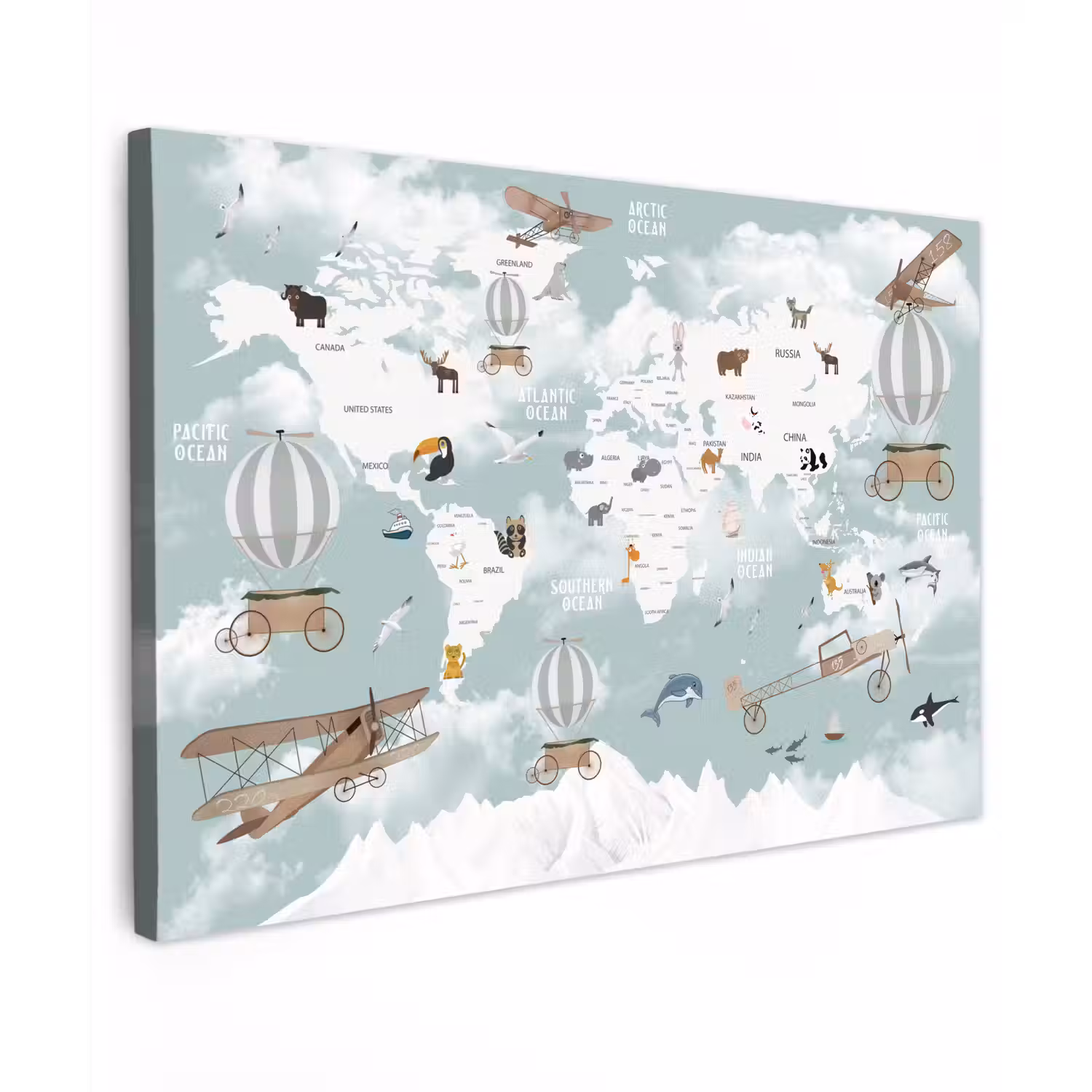 Wereldkaart - Kind - Vliegtuig Tuinposter op houten frame 2 cm dik klein -3d