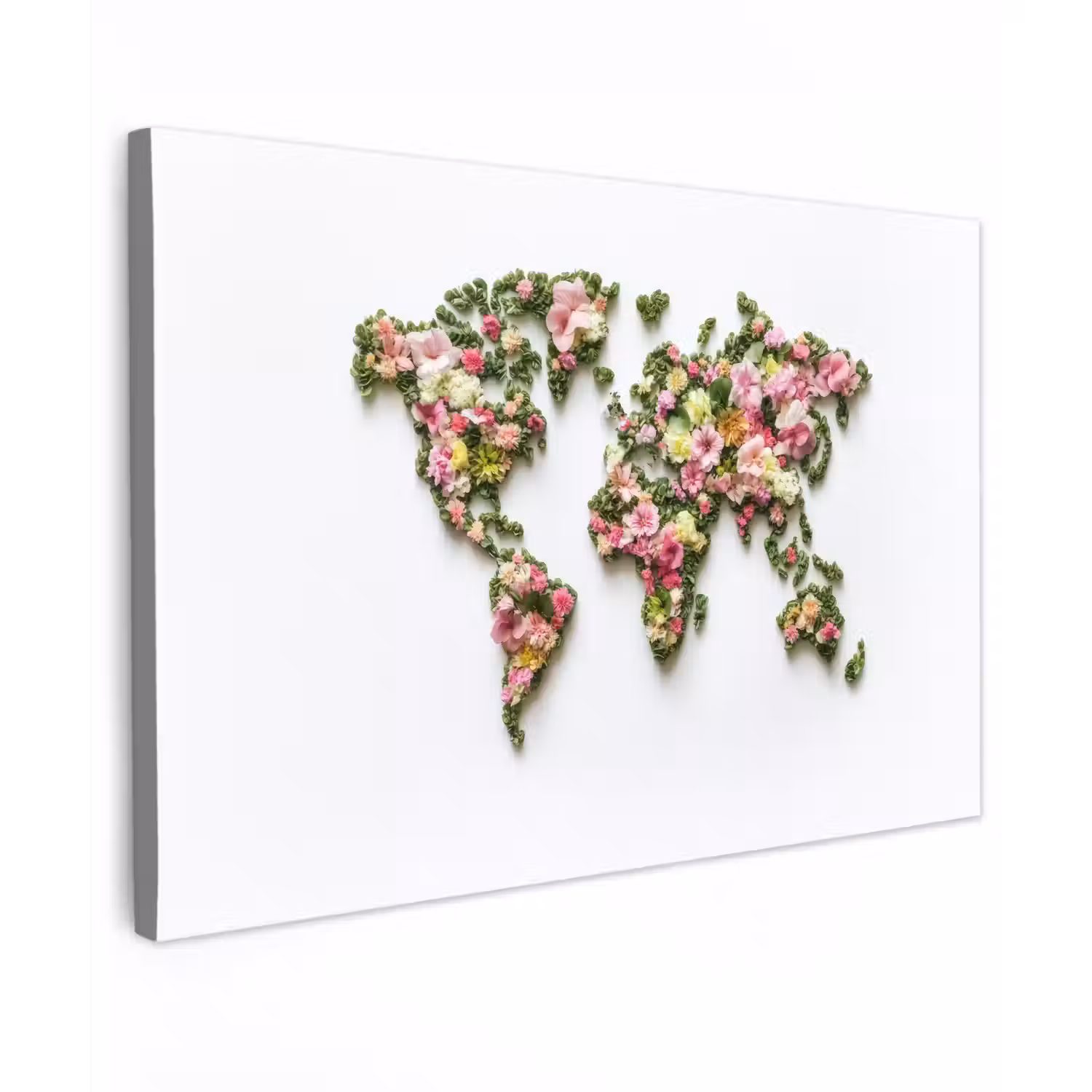 Wereldkaart - Kleurrijk - Bloemen - Lente Tuinposter op houten frame 2 cm dik klein -3d
