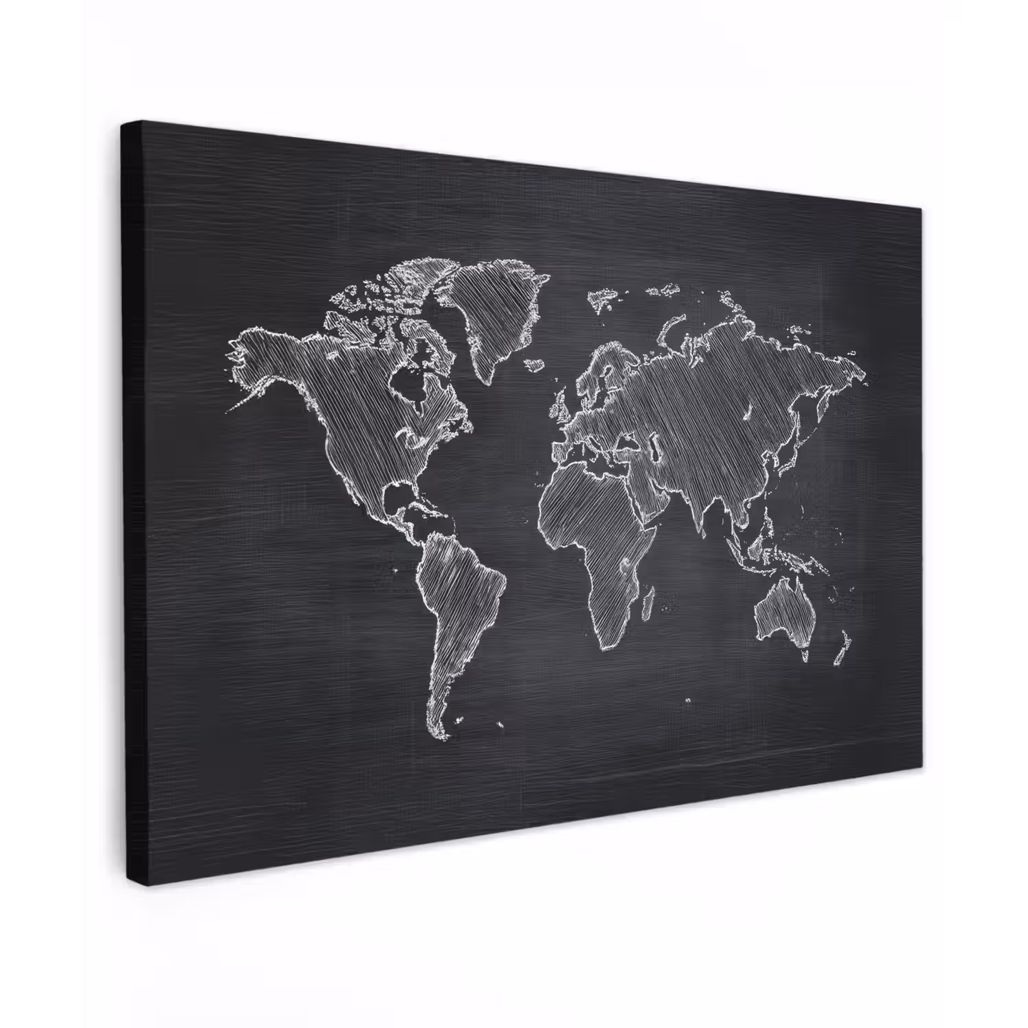 Wereldkaart - Krijt - Zwart - minimalistisch Tuinposter op houten frame 2 cm dik klein -3d
