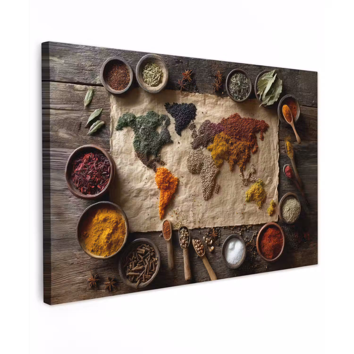 Wereldkaart - Specerijen - Kleurrijk Tuinposter op houten frame 2 cm dik klein -3d
