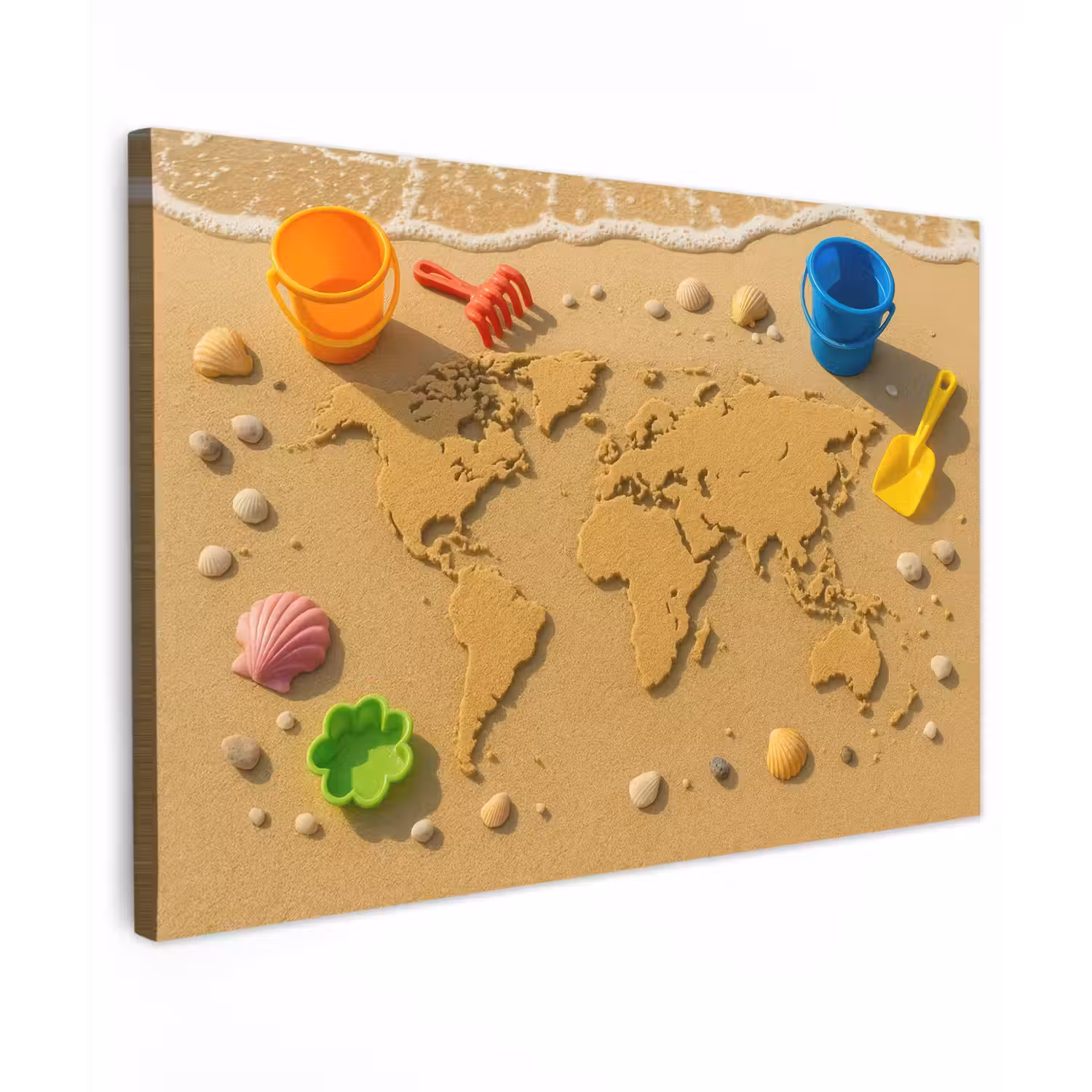 Wereldkaart - Zand - Kleurrijk - Zomer Tuinposter op houten frame 2 cm dik klein -3d