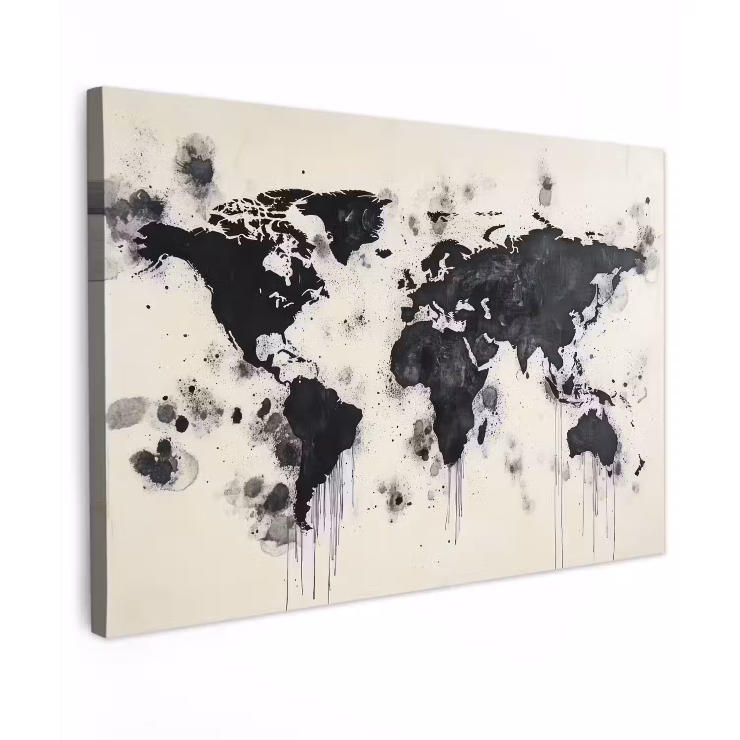 Wereldkaart - Zwart - Inkt Tuinposter op houten frame 2 cm dik klein -3d
