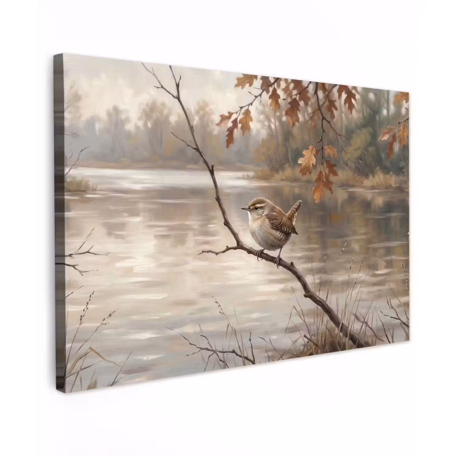 Winterkoninkje - Tak - Rivier - Natuur - Sfeervol Tuinposter op houten frame 2 cm dik klein -3d