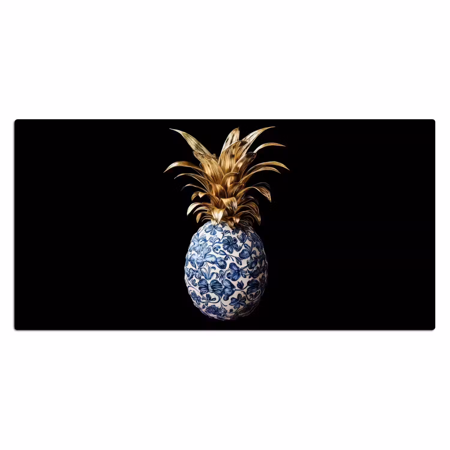 Ananas - Bloemen patroon - Goud - Delftsblauw Muismat XXL klein -3d_leeg
