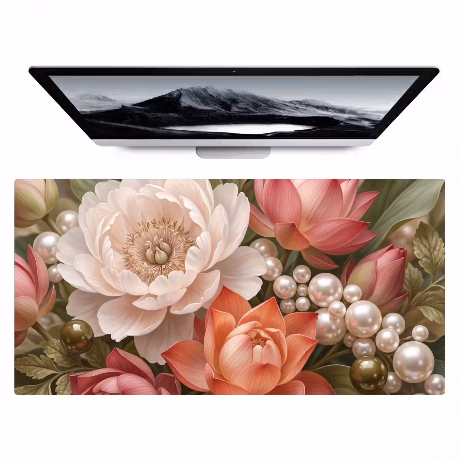 Bloemen - Parels - Elegant - Roze - Wit Muismat XXL klein -zzz3d